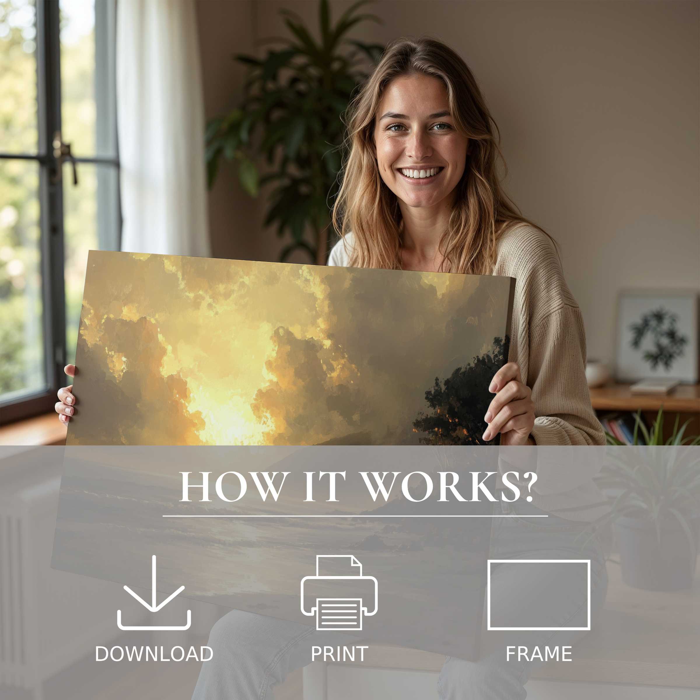 Smiling woman in stylish home, joyfully sharing a warm-toned landscape digital art print that transforms living space with effortless elegance