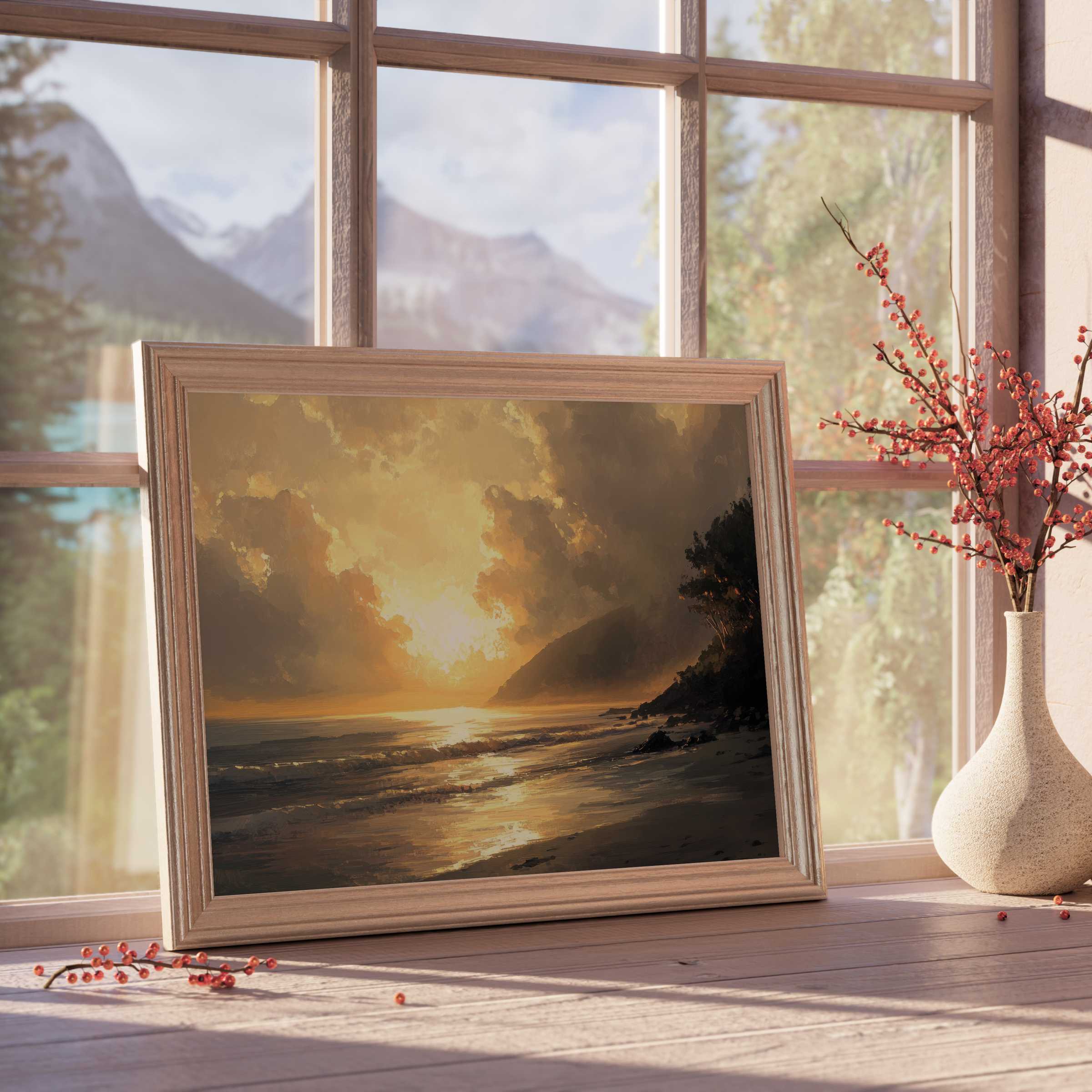 Golden sunset landscape downloadable art, infusing tranquil warmth and refined elegance into curated, design-forward interiors