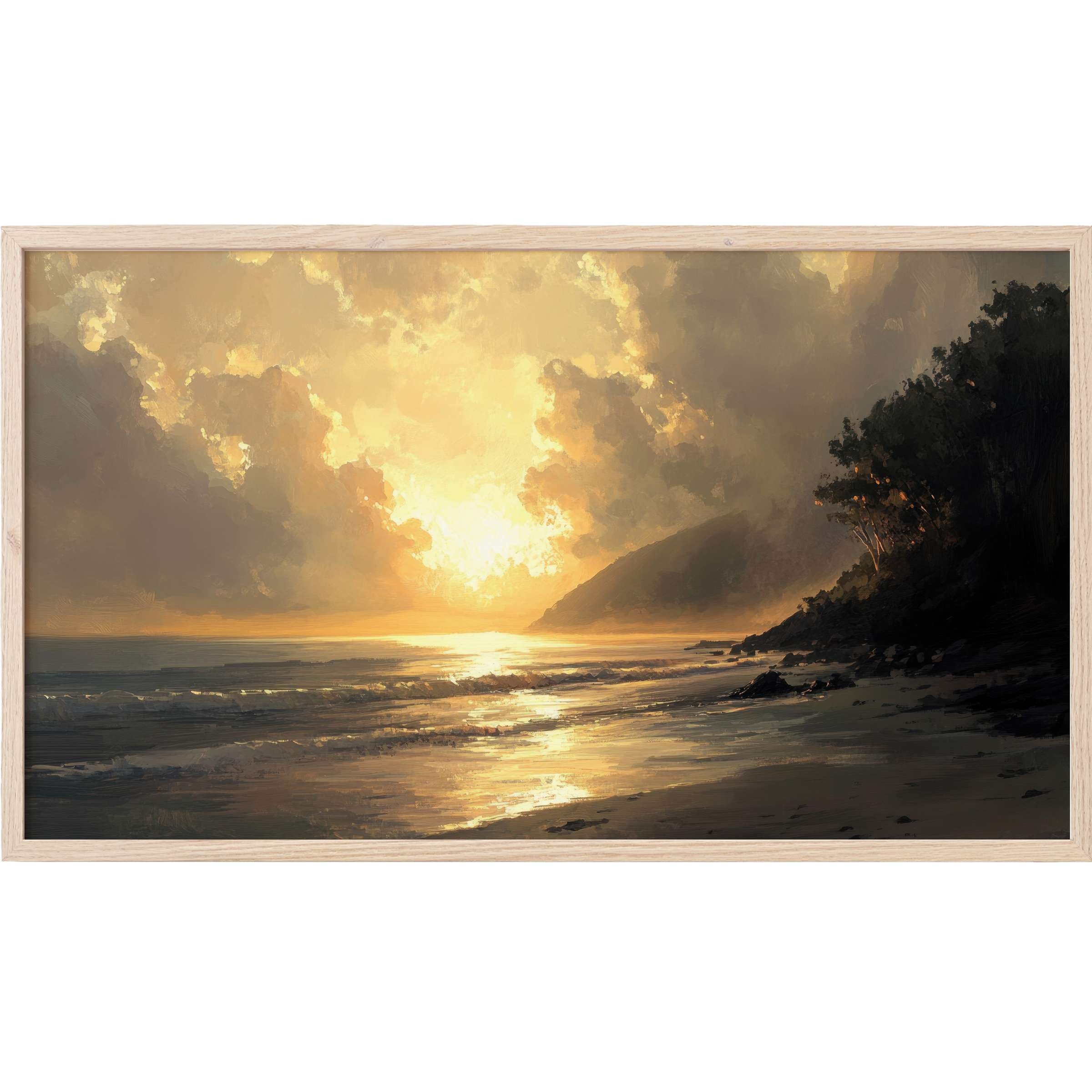 Golden sunset illuminates serene shore and dark foliage in this rich, moody landscape Frame TV Art piece