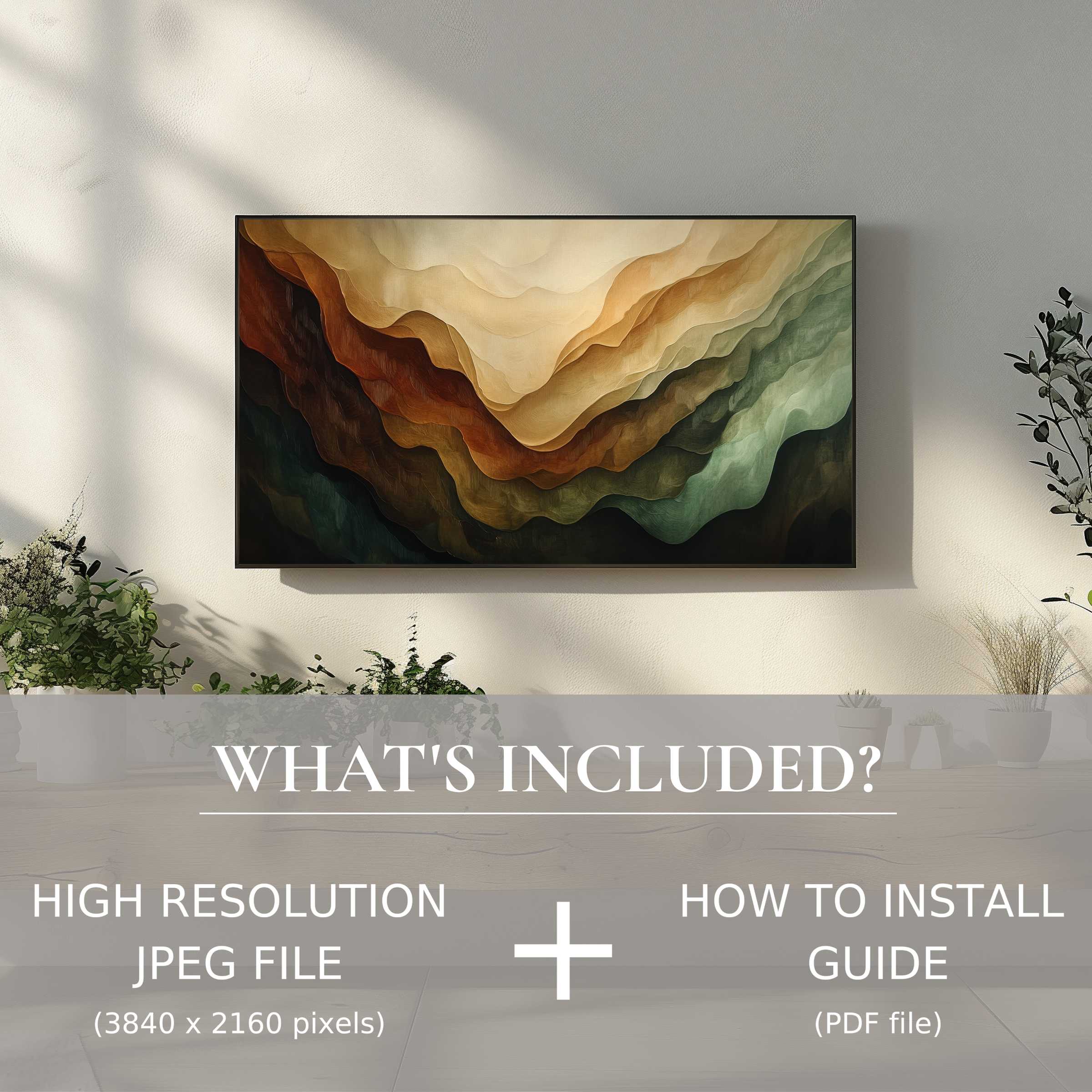 Elegant living room with abstract digital TV art download, easy to use, enhancing modern decor with layered tones