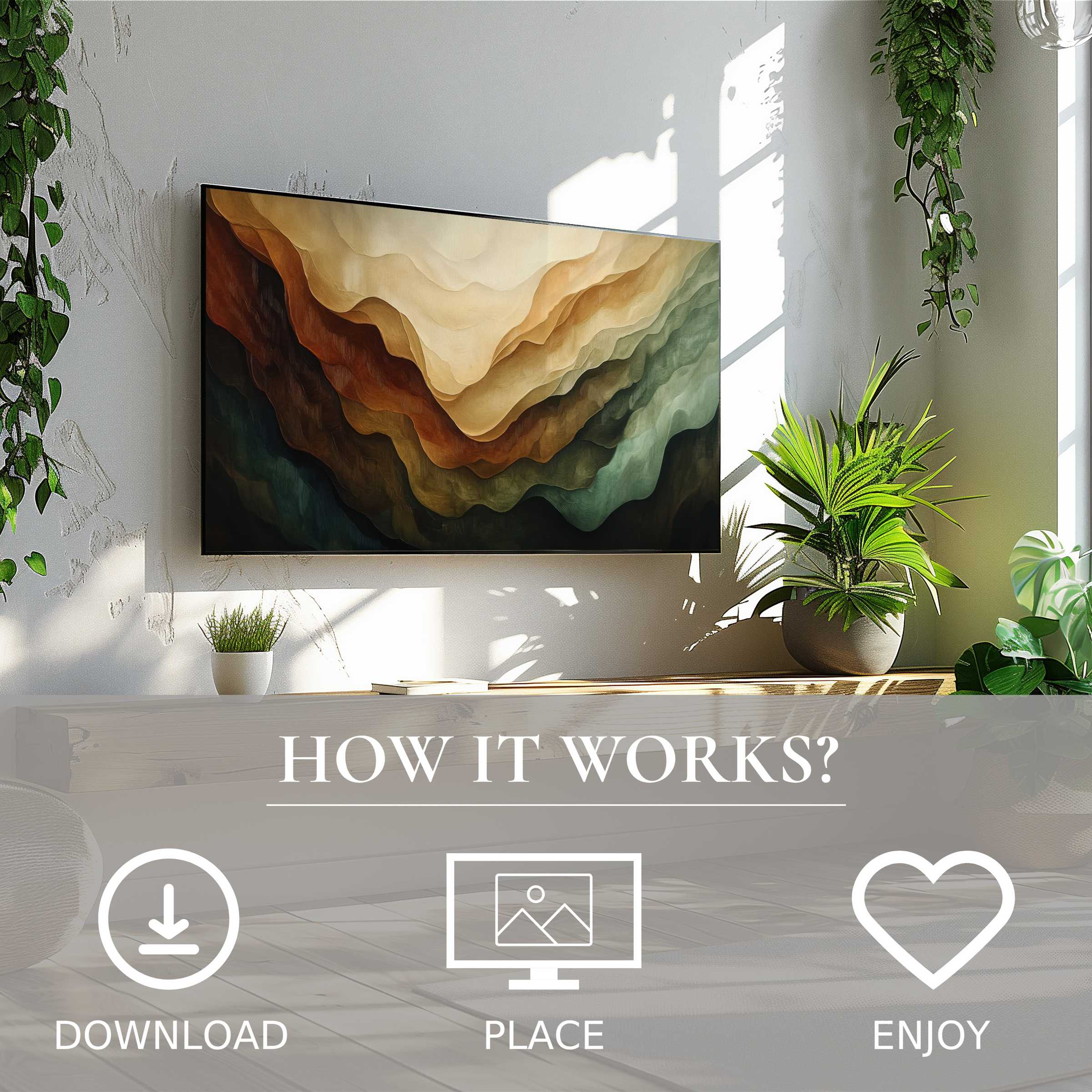 Abstract art for Samsung TV with warm layered tones, easy digital download, enriching modern living spaces effortlessly