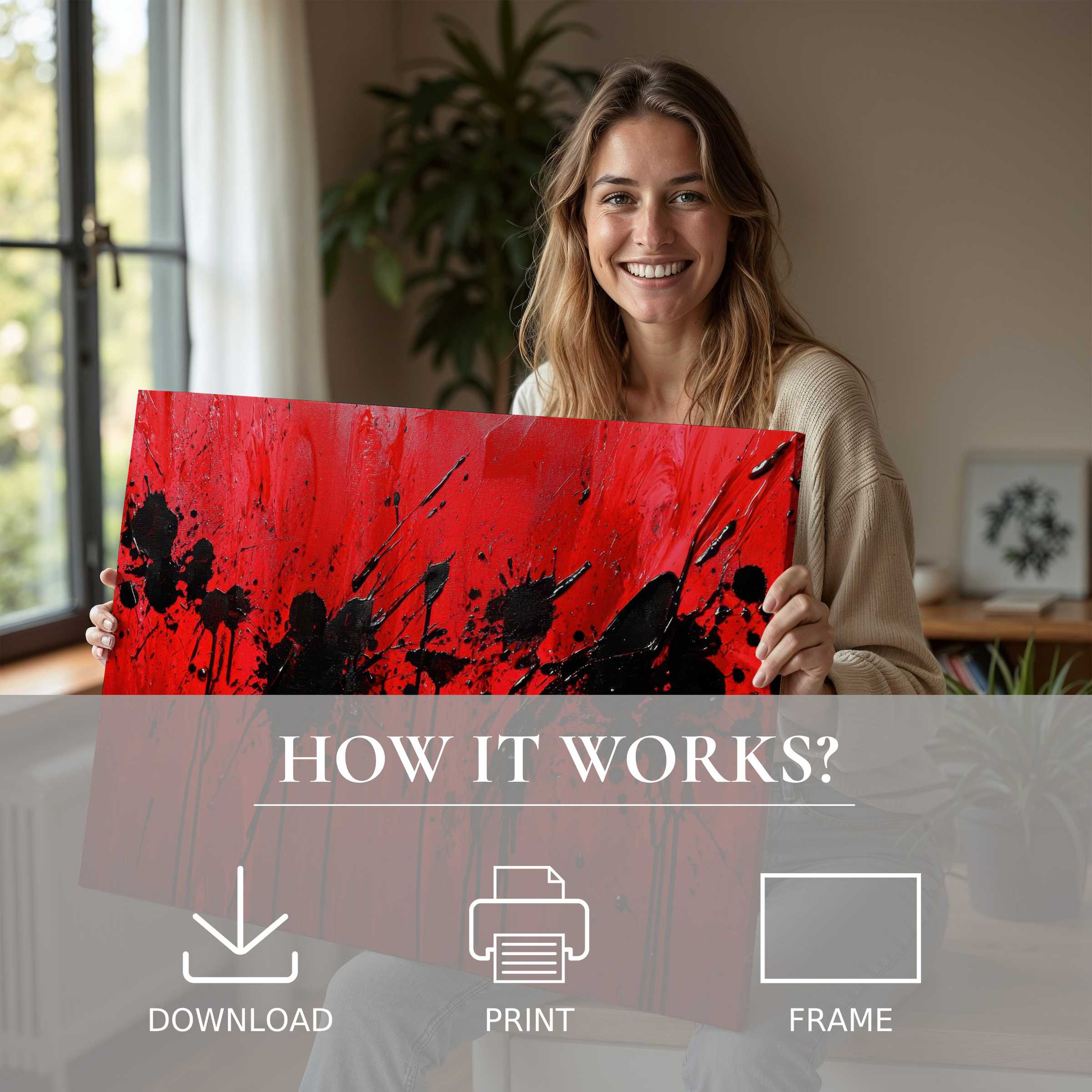 A radiant moment of joy as a modern digital art print in bold red and black invigorates a stylish, serene home