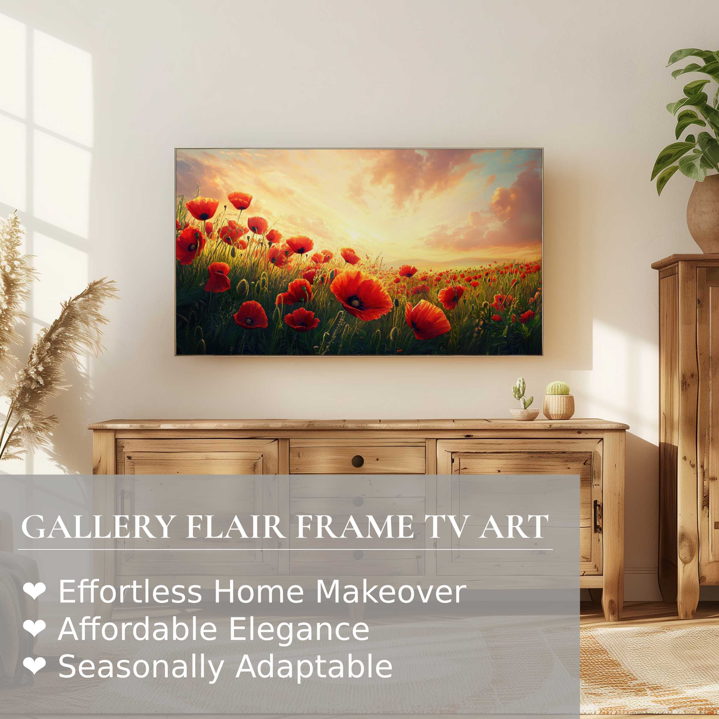 Modern living room with natural wood, Samsung Frame TV displaying vibrant floral digital artwork in warm sunset hues
