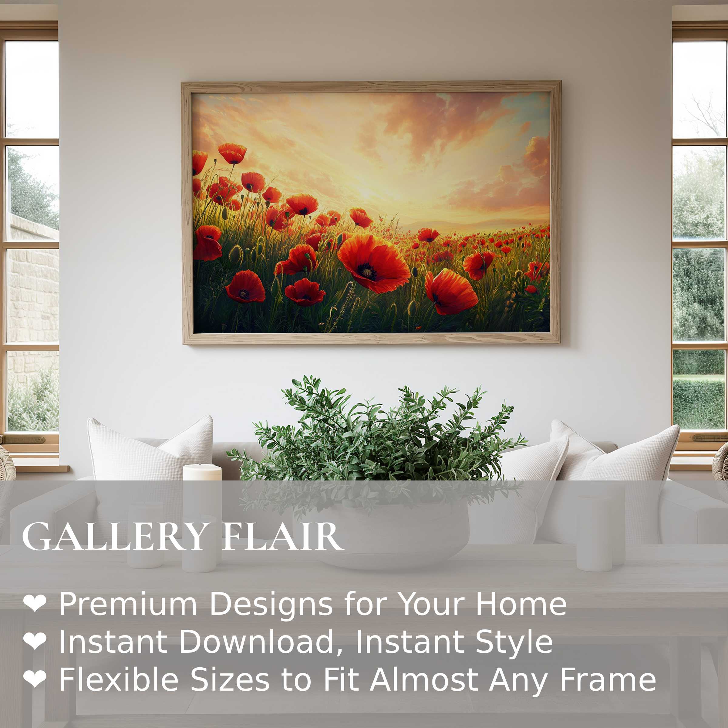 Radiant floral wall art print of red poppies glowing at sunset, elevating this serene modern living room with warm, nature-inspired elegance
