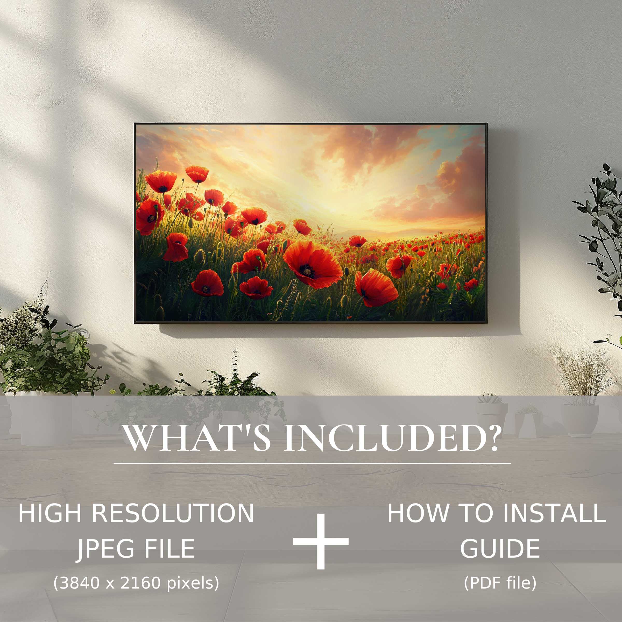 Elegant living room with floral digital TV art download, easy to use, enhancing space with vibrant sunset poppies