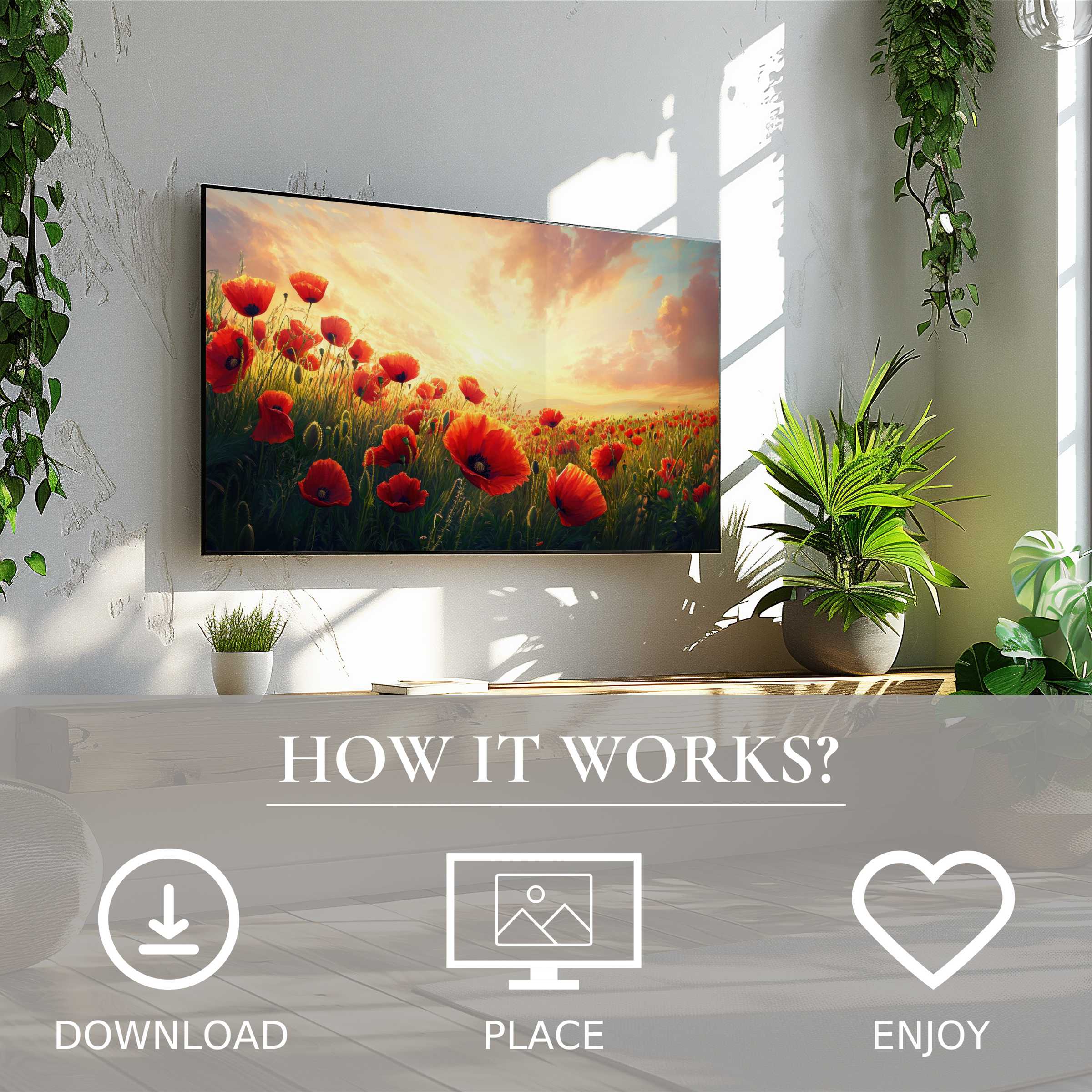Modern living room with floral art for Samsung TV, vibrant poppy field at sunset, easy digital download decor
