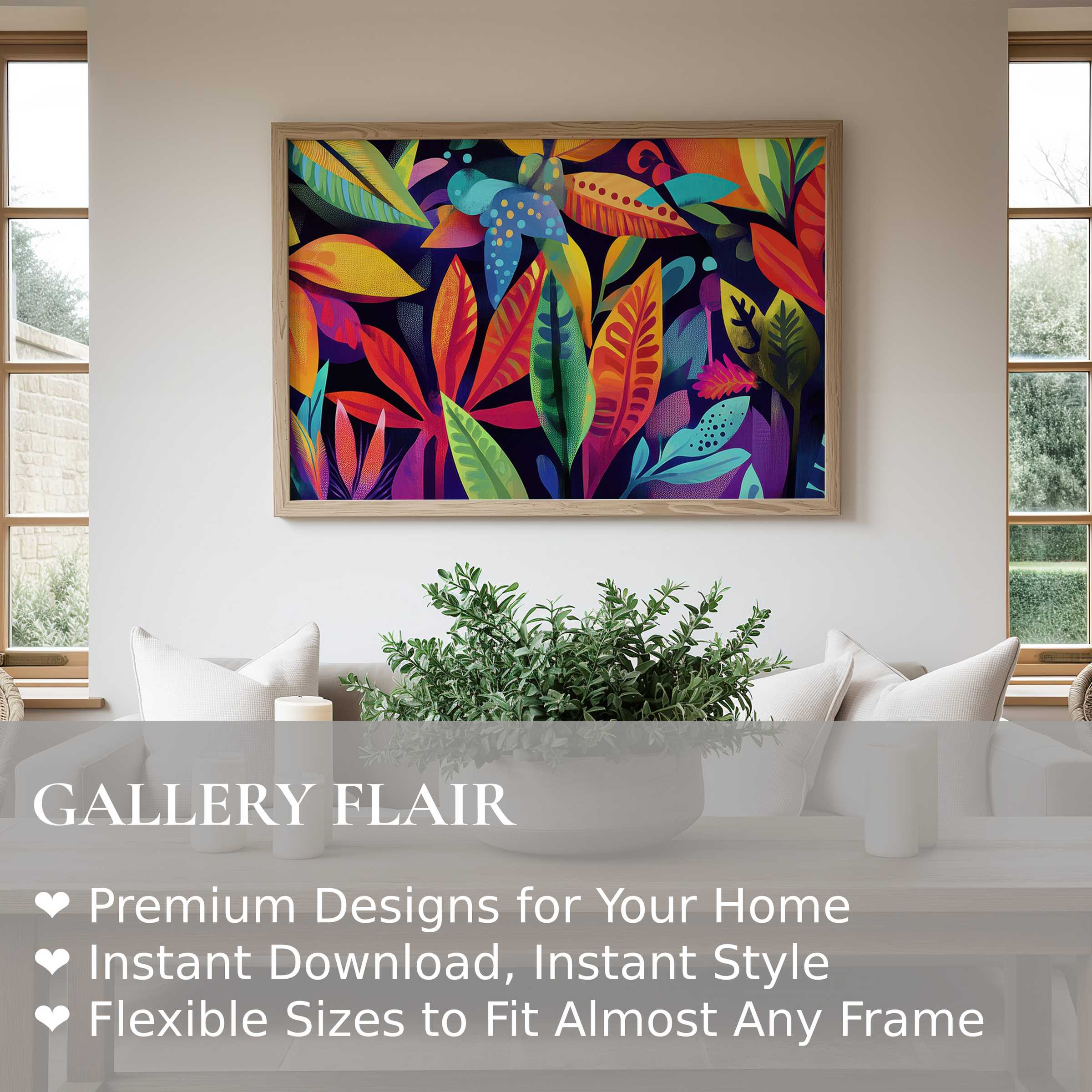Vibrant pop art wall art print featuring bold tropical leaves in radiant hues, enhancing contemporary minimalist interiors with vivid color and dynamic energy