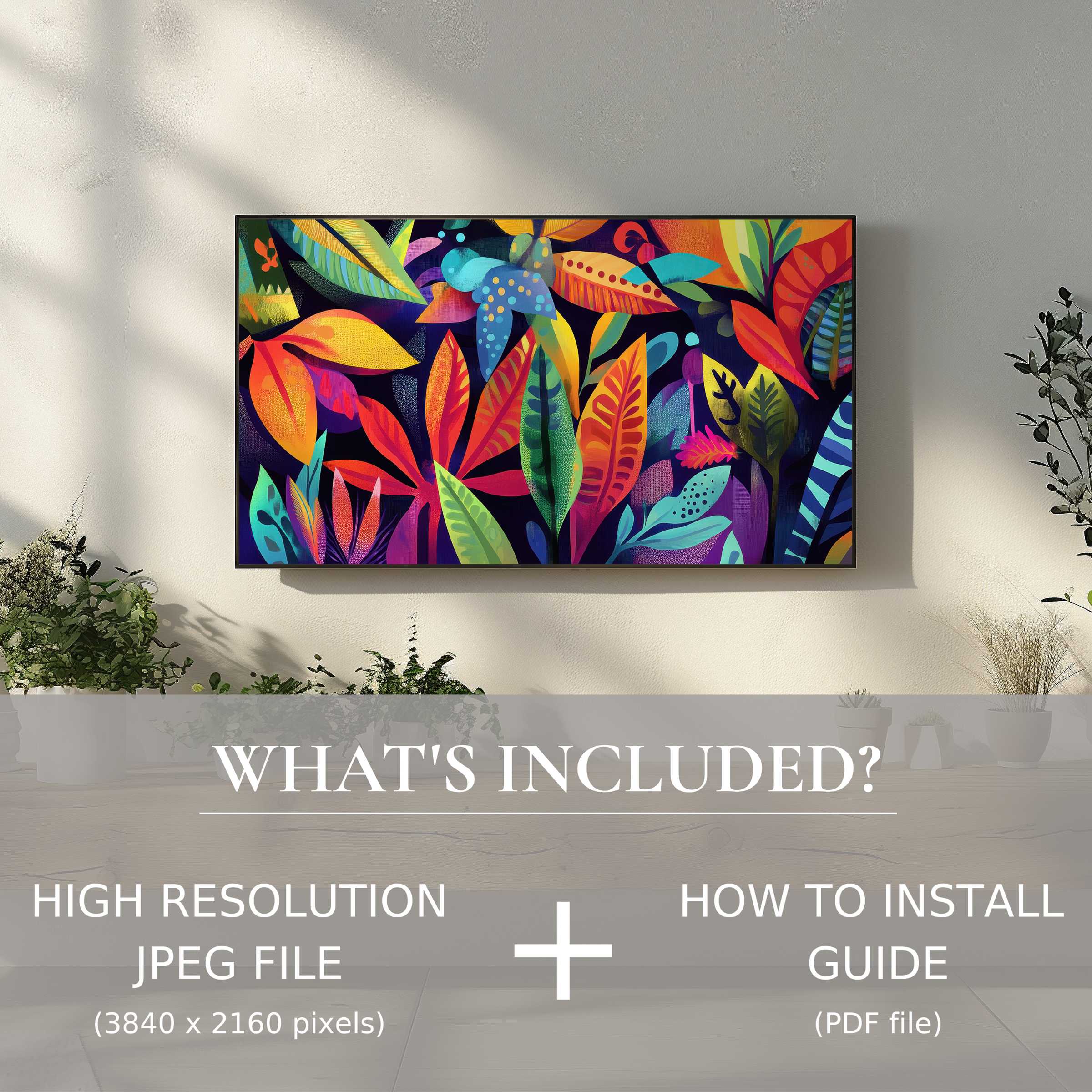 Modern living room enhanced by vibrant pop art digital TV art download, easy to use for stylish spaces