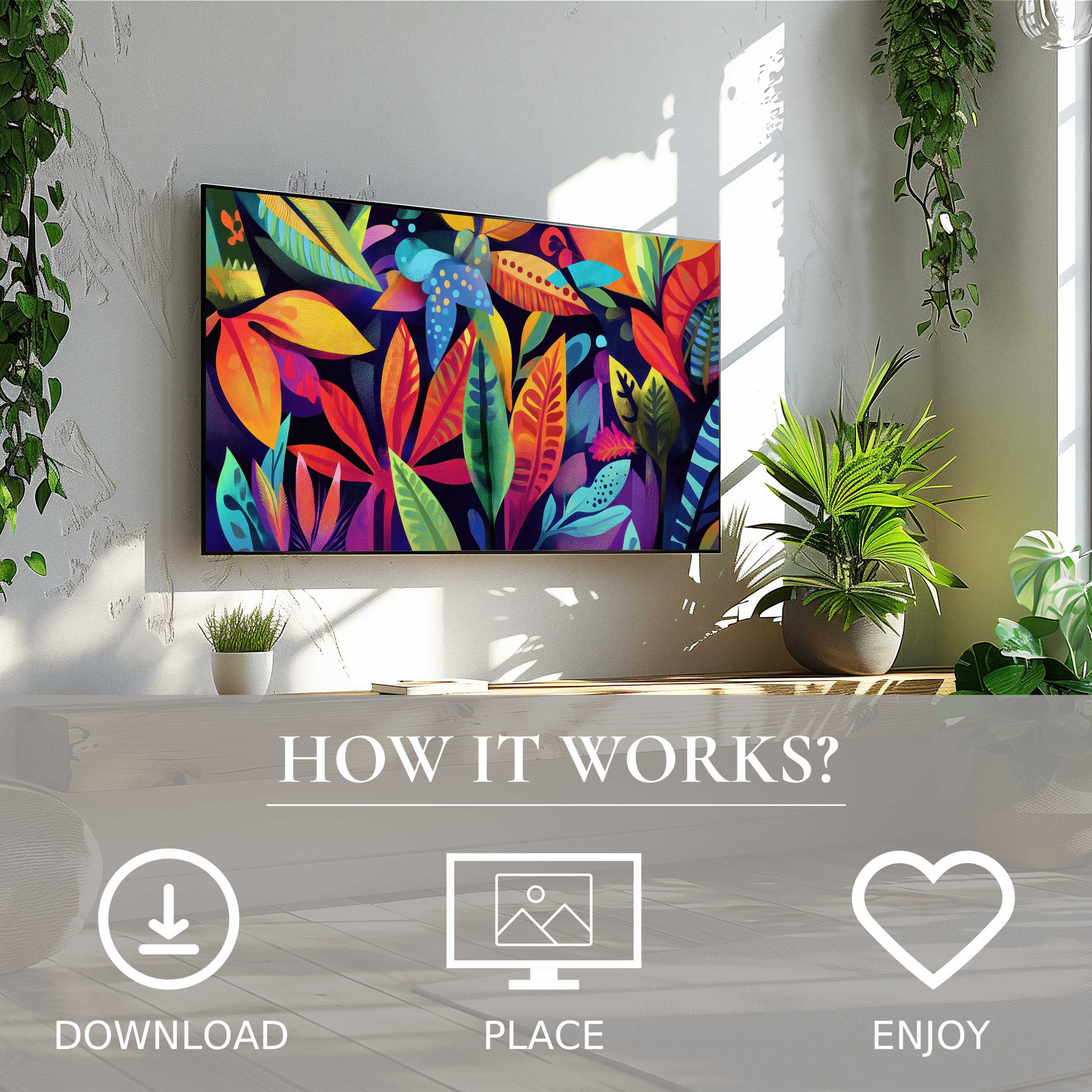 Pop art art for Samsung TV with vibrant tropical leaves, easy digital download enriches modern living spaces
