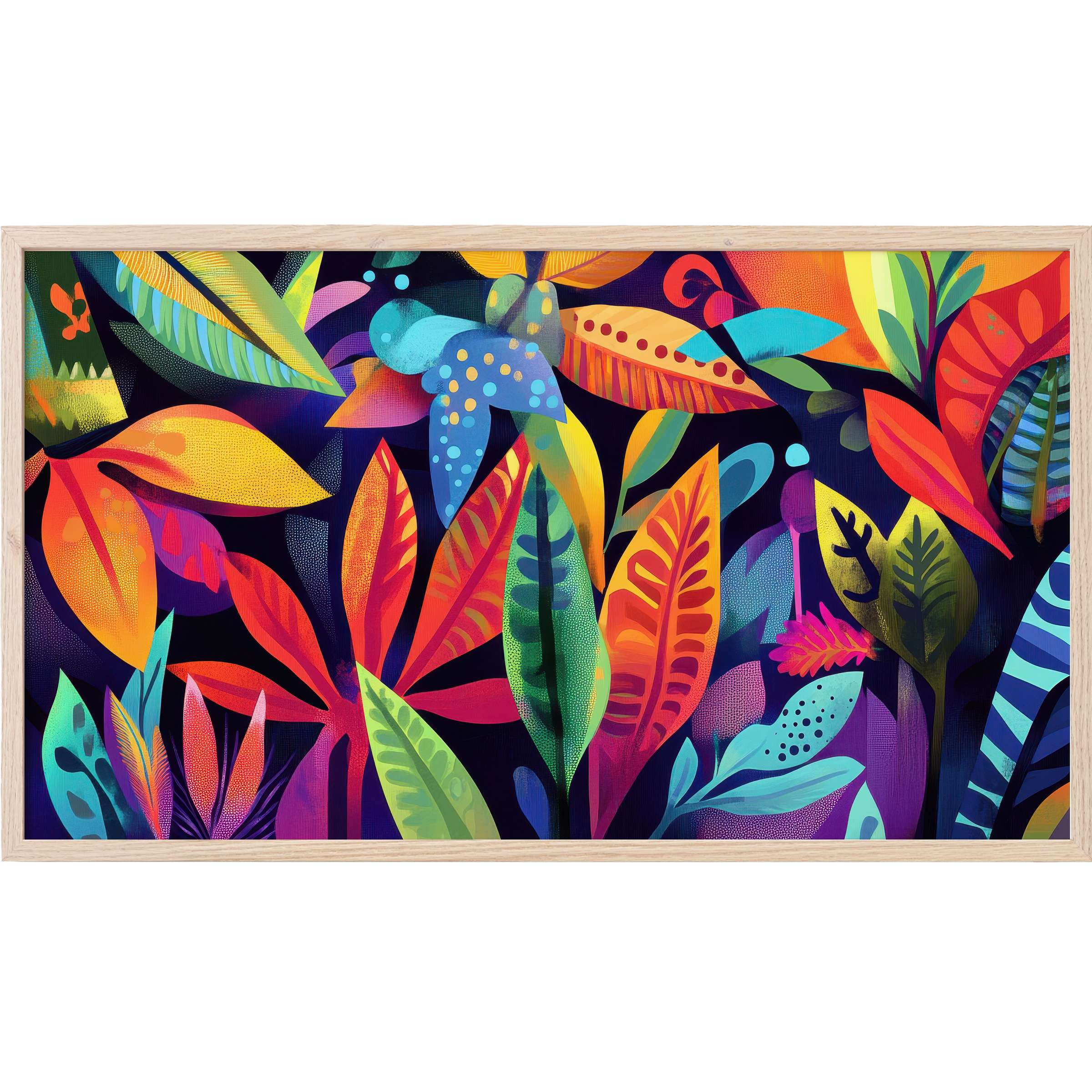 Vivid tropical leaves in bold reds, blues, and greens create dynamic contrast in this pop art Frame TV Art
