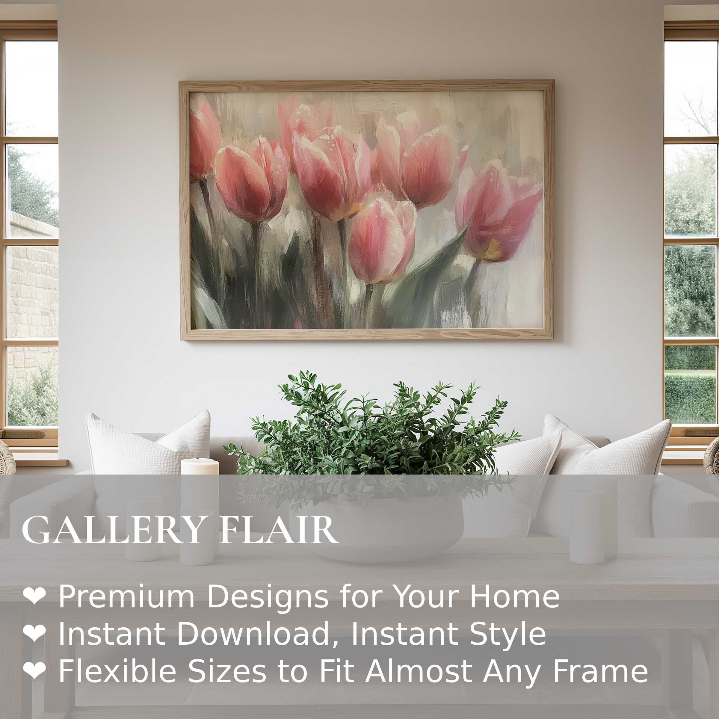 Soft, radiant spring wall art print featuring delicate pink tulips, enhancing modern Scandinavian interiors with calming floral elegance