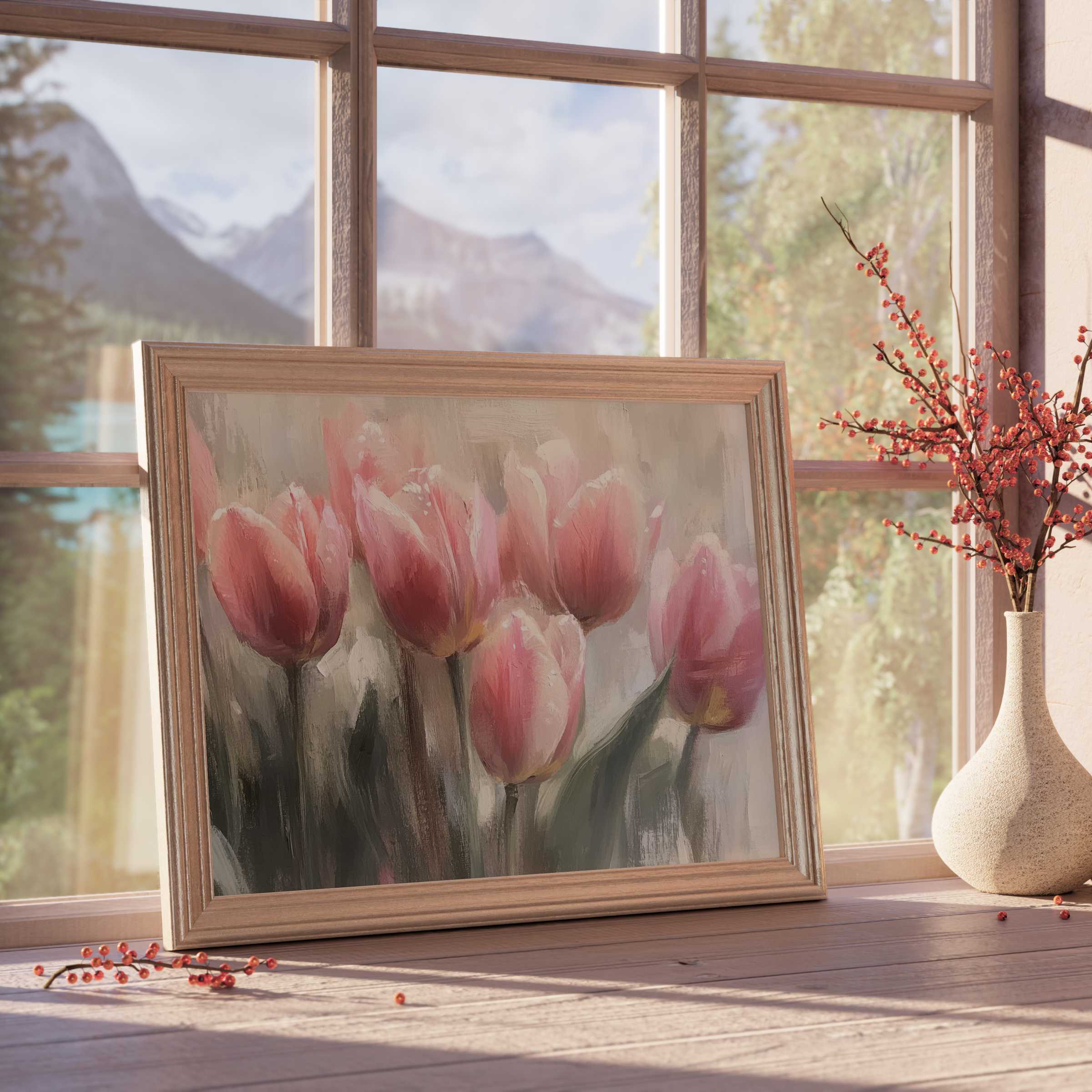 Elegant spring downloadable art featuring soft pink tulips in a natural wood frame, evoking calm, curated luxury for refined interiors