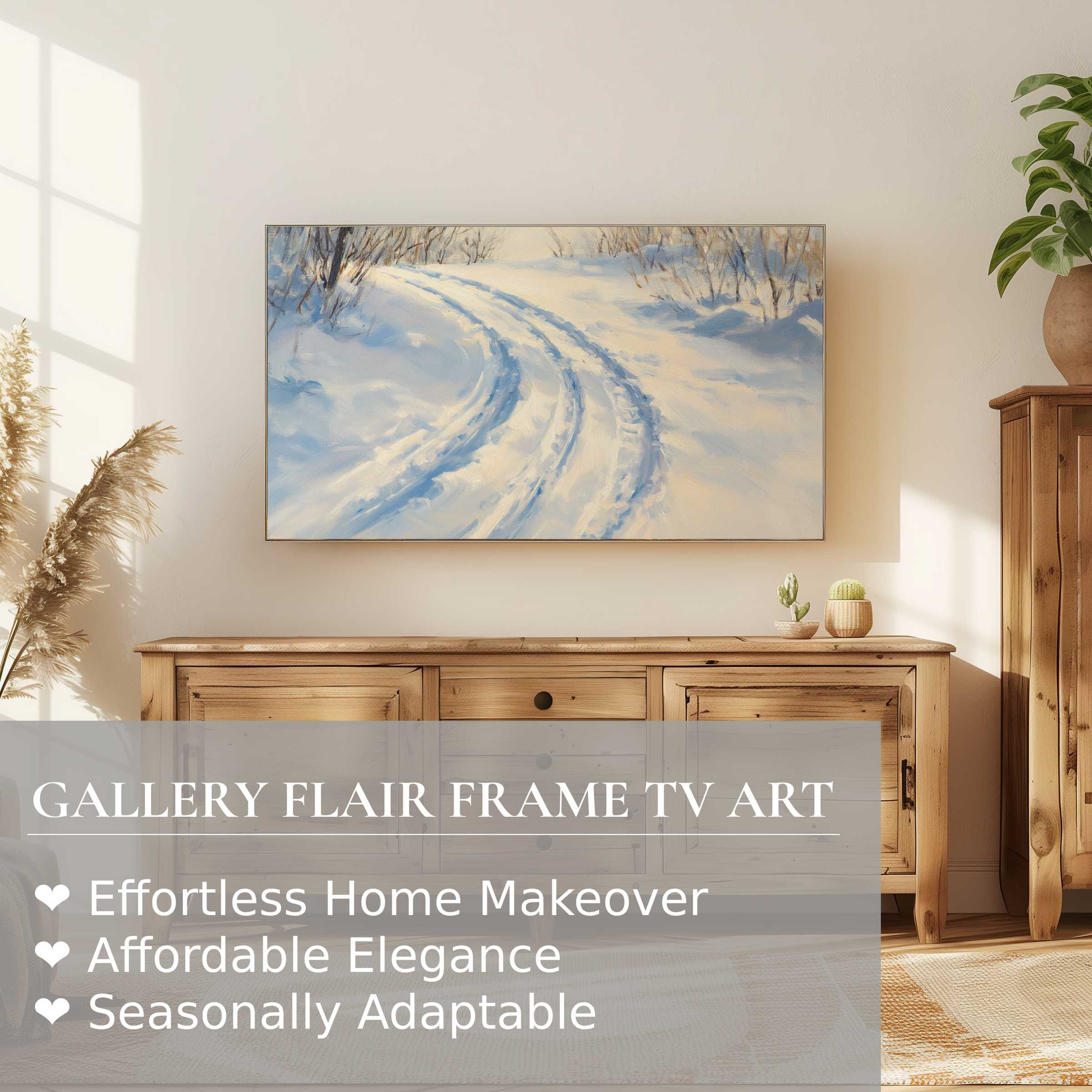 Modern winter digital artwork of snowy tracks on Samsung Frame TV in warm, elegant living room setting for refined decor