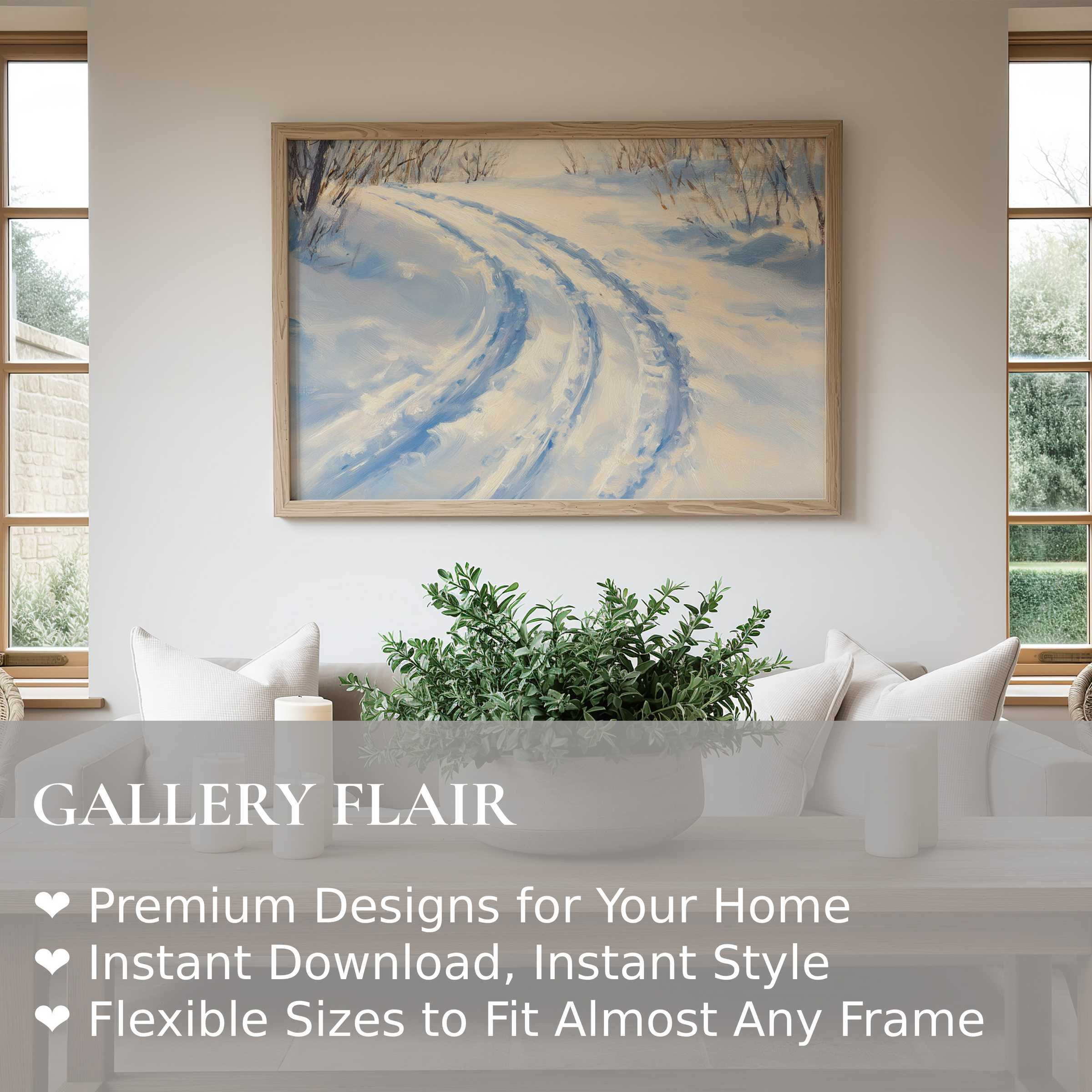 Winter wall art print capturing serene snow tracks in soft blues and creams, elevating modern minimalist interiors with calming elegance
