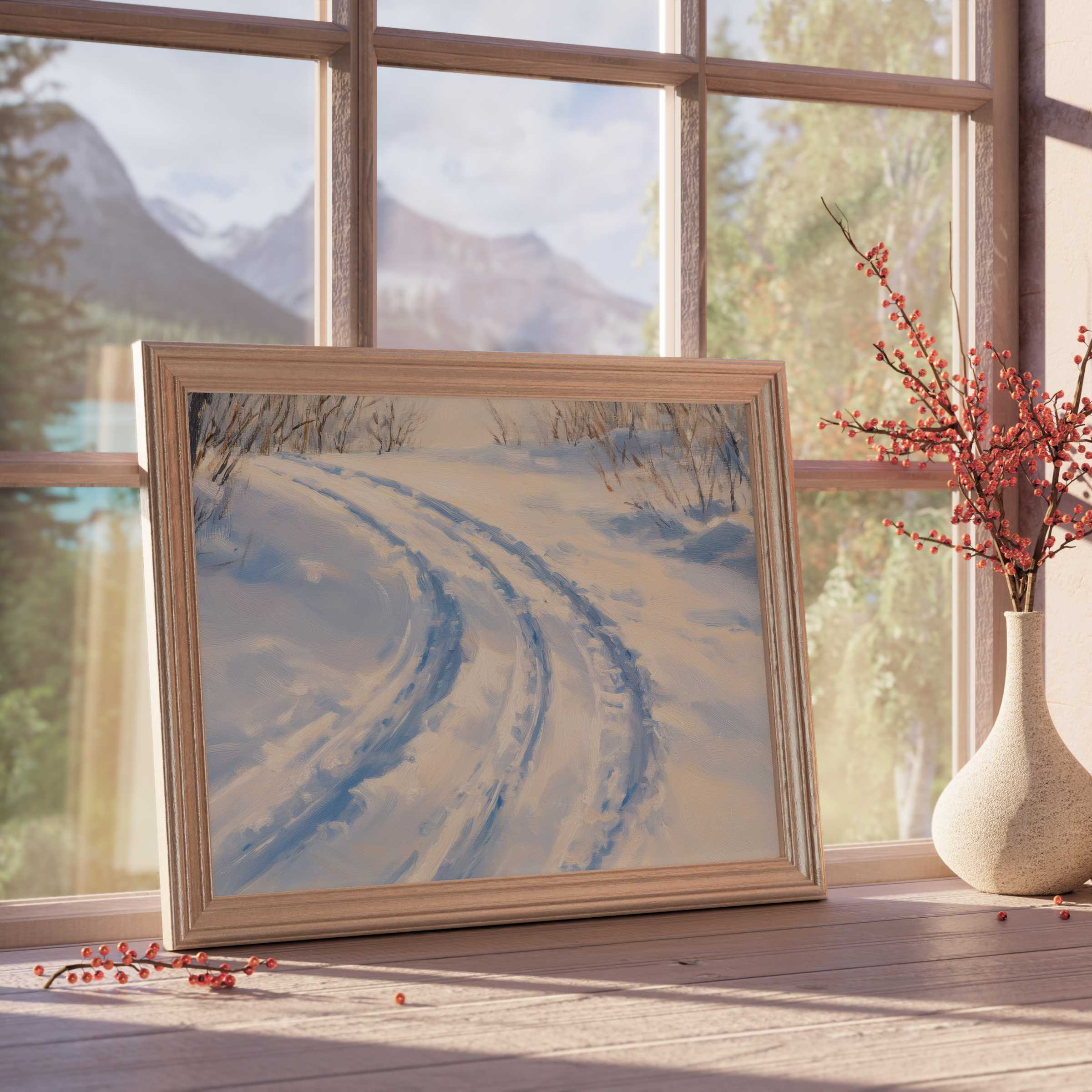 Winter downloadable art capturing serene snow tracks, enhancing tranquil, design-forward interiors with warm, curated elegance