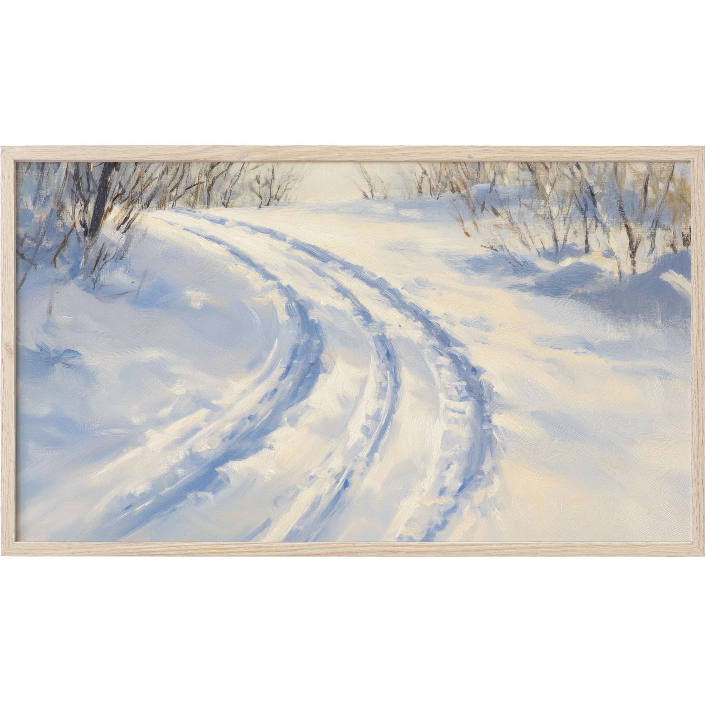 Winter Frame TV Art shows soft, serene snow tracks winding through muted blue and cream tones in a refined, painterly style