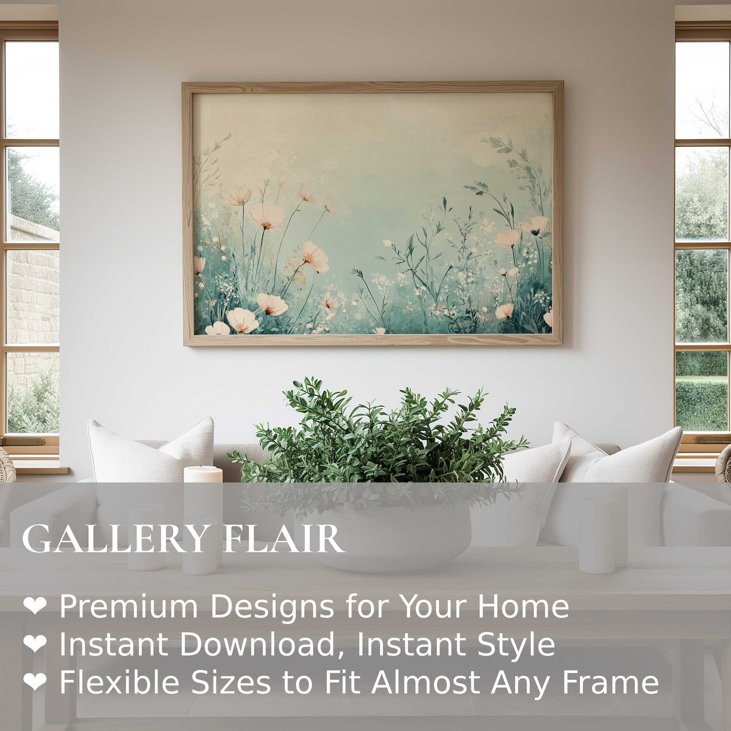 Boho wall art print featuring soft pastel florals evokes serene, airy vibes in a modern, minimalist living room sanctuary