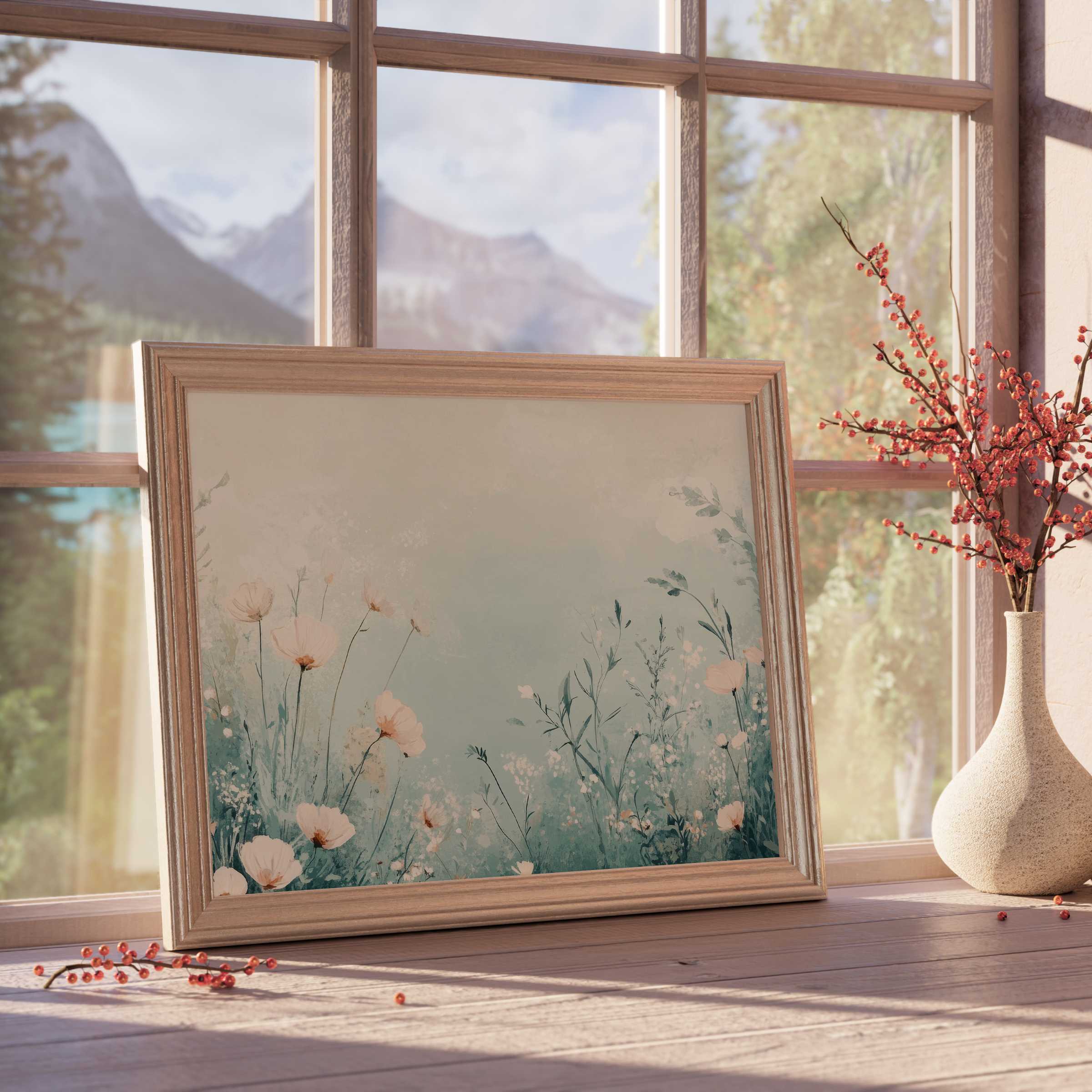 Boho downloadable art capturing soft wildflowers and ethereal greenery, enhancing serene, design-forward interiors with natural elegance