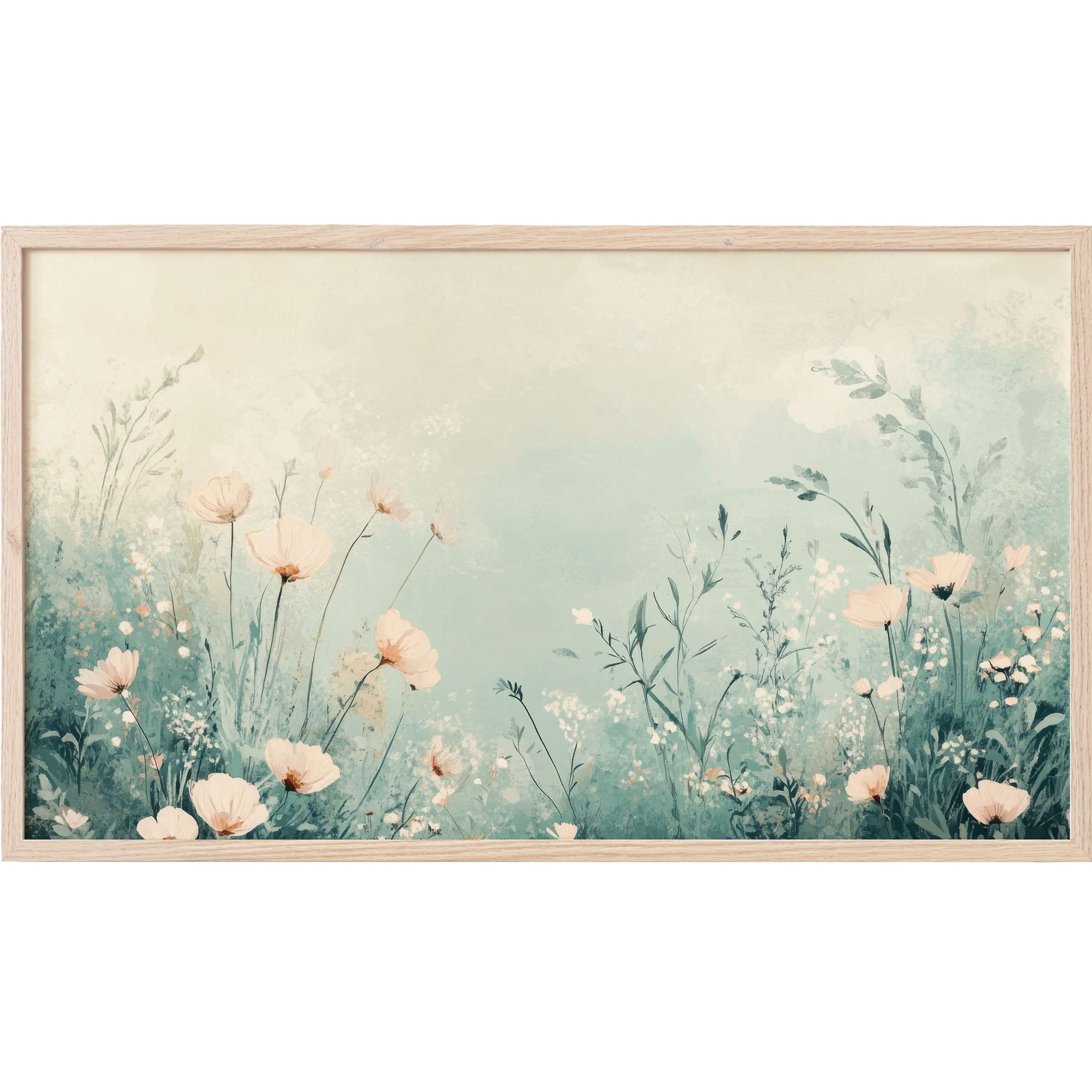 Elegant watercolor wildflowers in soft blush and sage tones, framed in light wood; boho Frame TV Art for serene spaces