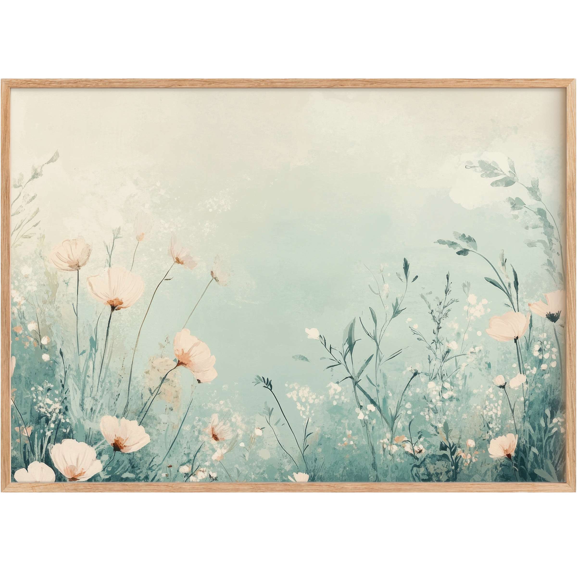 Ethereal boho printable wall art in soft aqua and cream tones, evoking a serene, dreamy garden ambiance for chic interiors