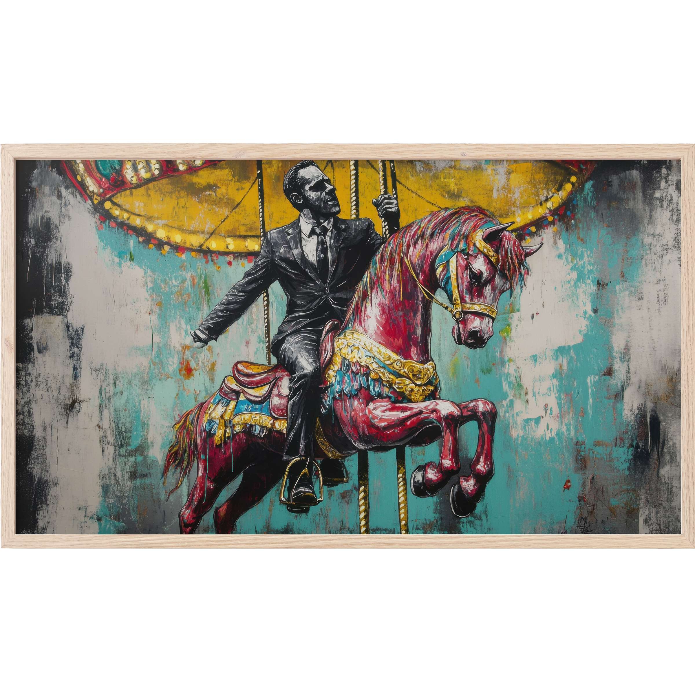 Street art Frame TV Art with a dapper man on a vibrant pink carousel horse in bold, textured turquoise and gold