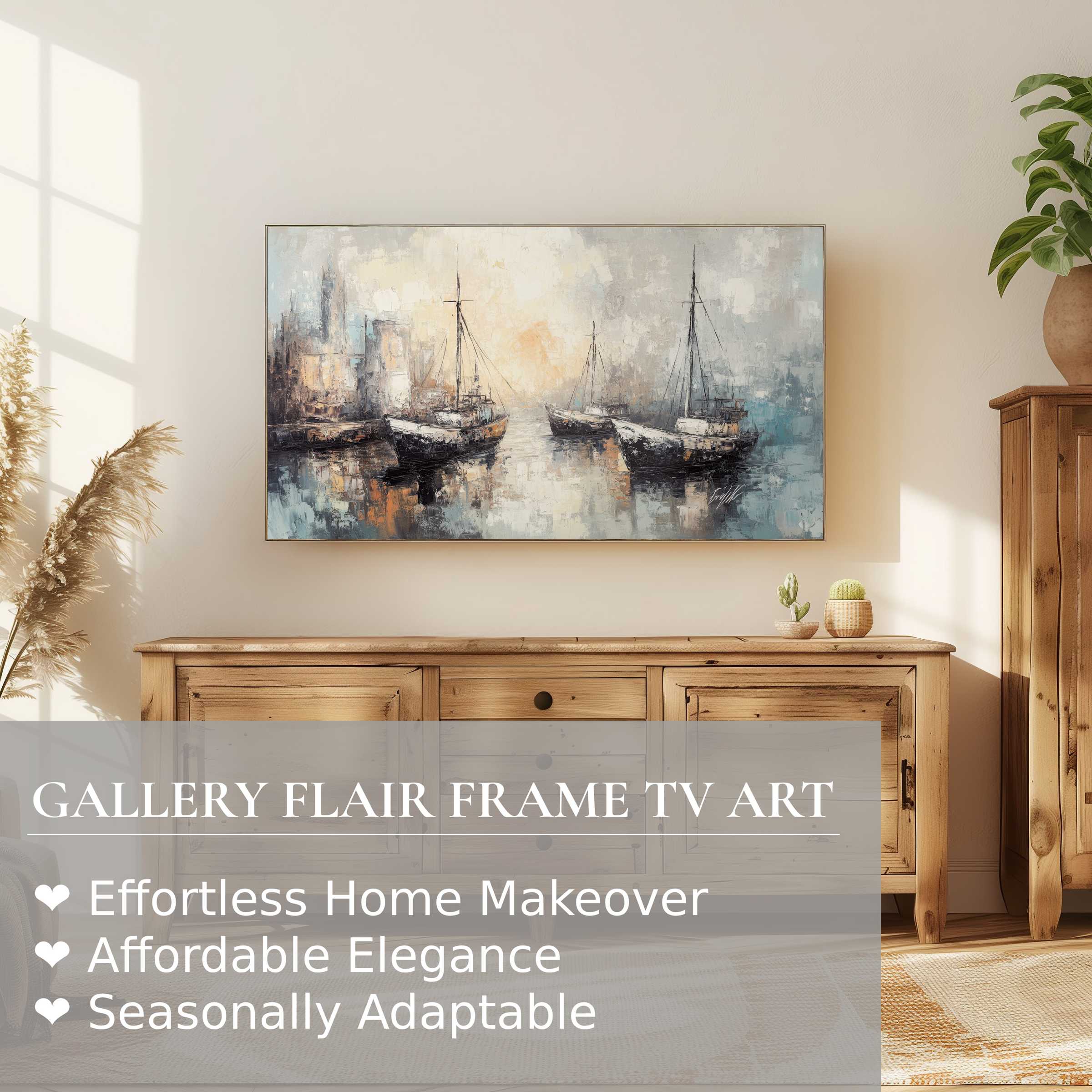 Samsung Frame TV displaying coastal digital artwork with muted tones in a serene modern living room setting