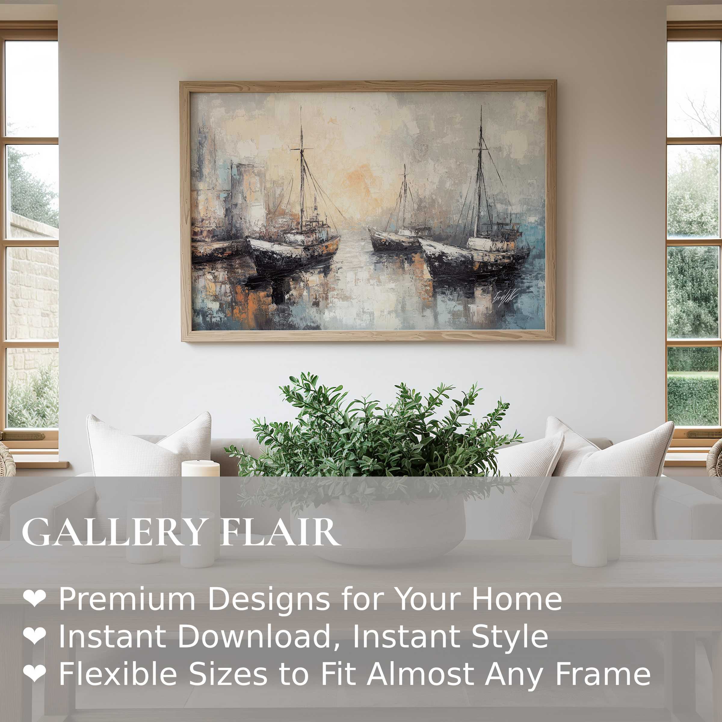 Coastal wall art print of serene sailboats in muted tones, enhancing modern minimalist living with soft, calming nautical elegance