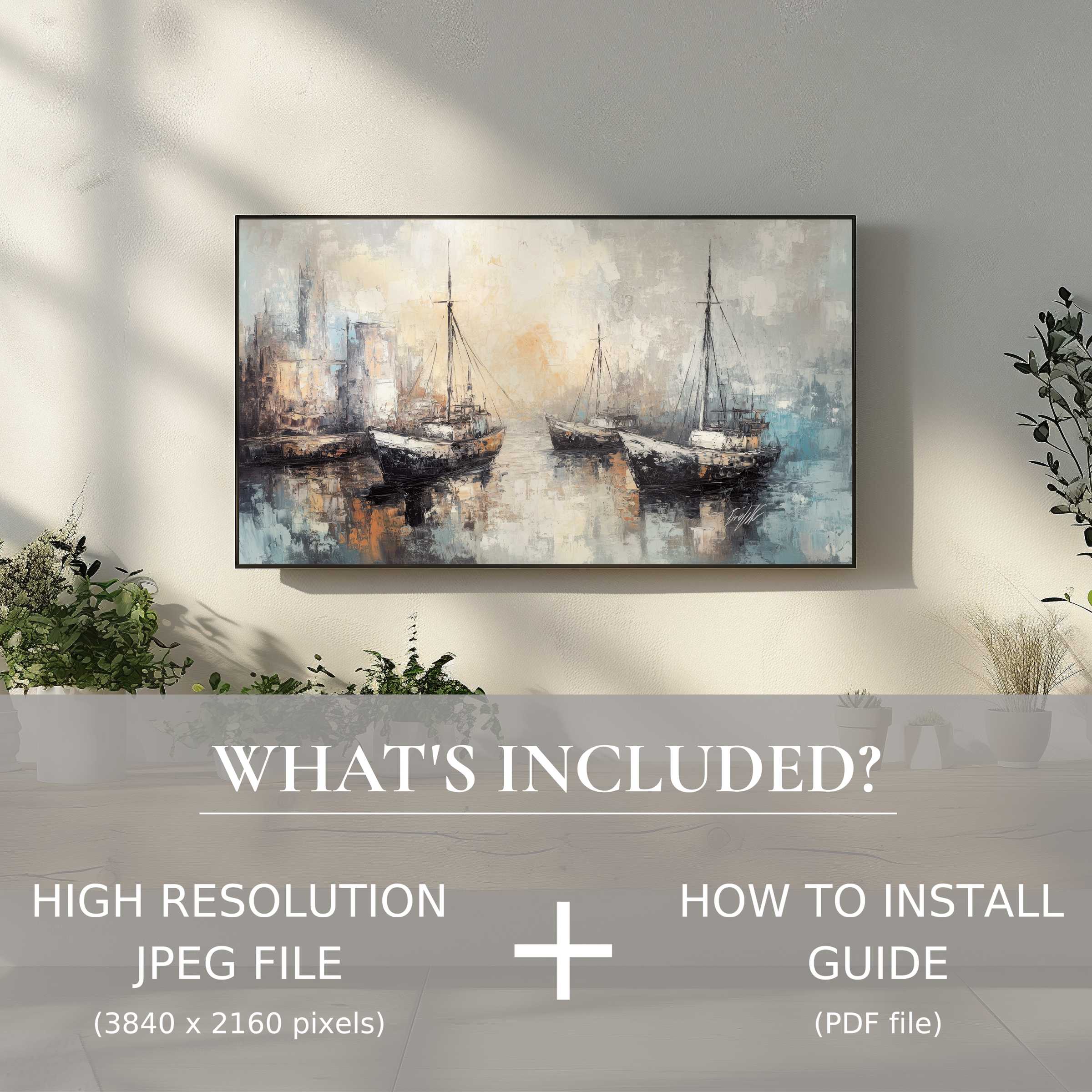 Elegant coastal digital TV art download with easy digital use, enhancing modern living spaces with serene boat imagery