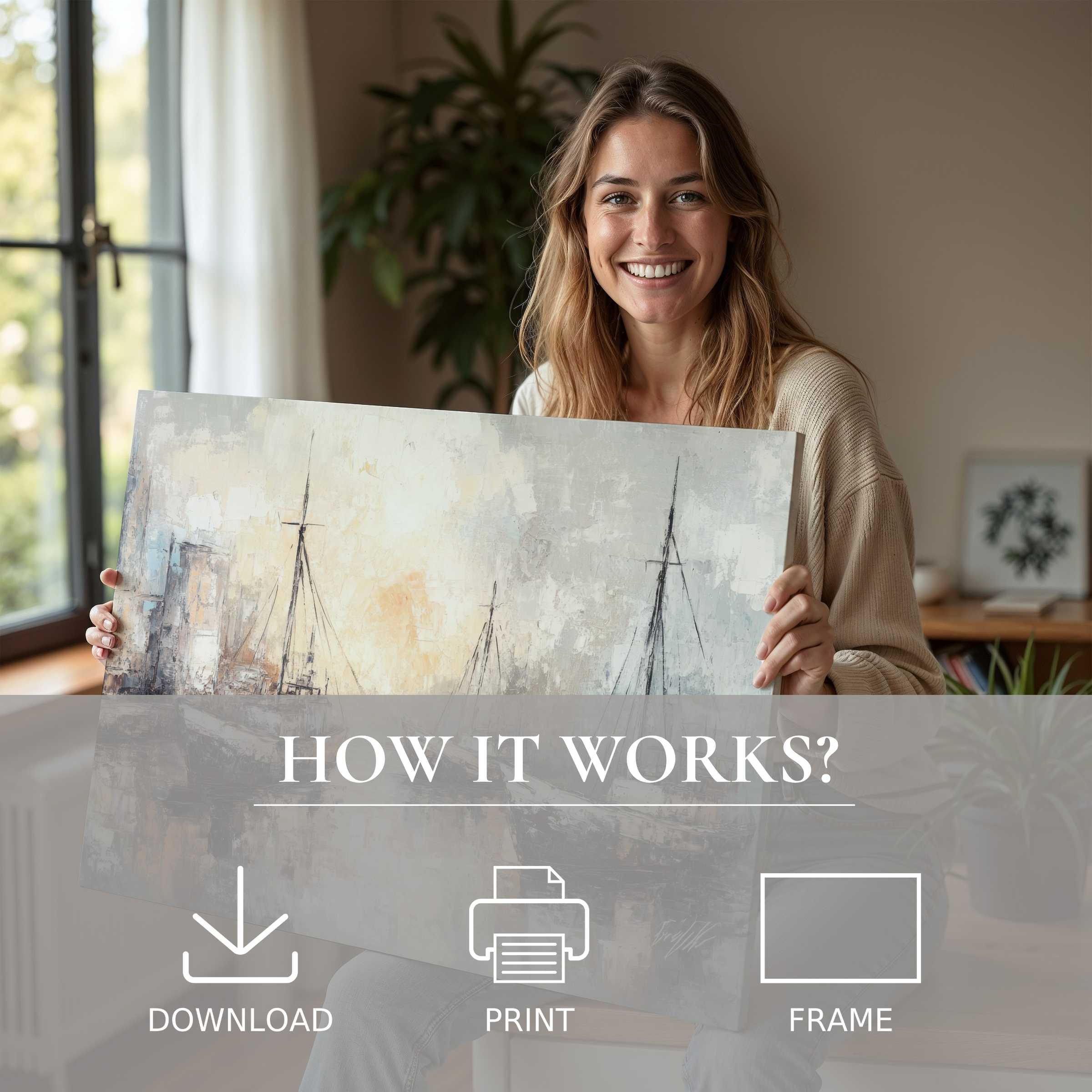 Coastal digital art print embraced in a sunlit modern home, celebrating the joy of art’s serene, effortless beauty