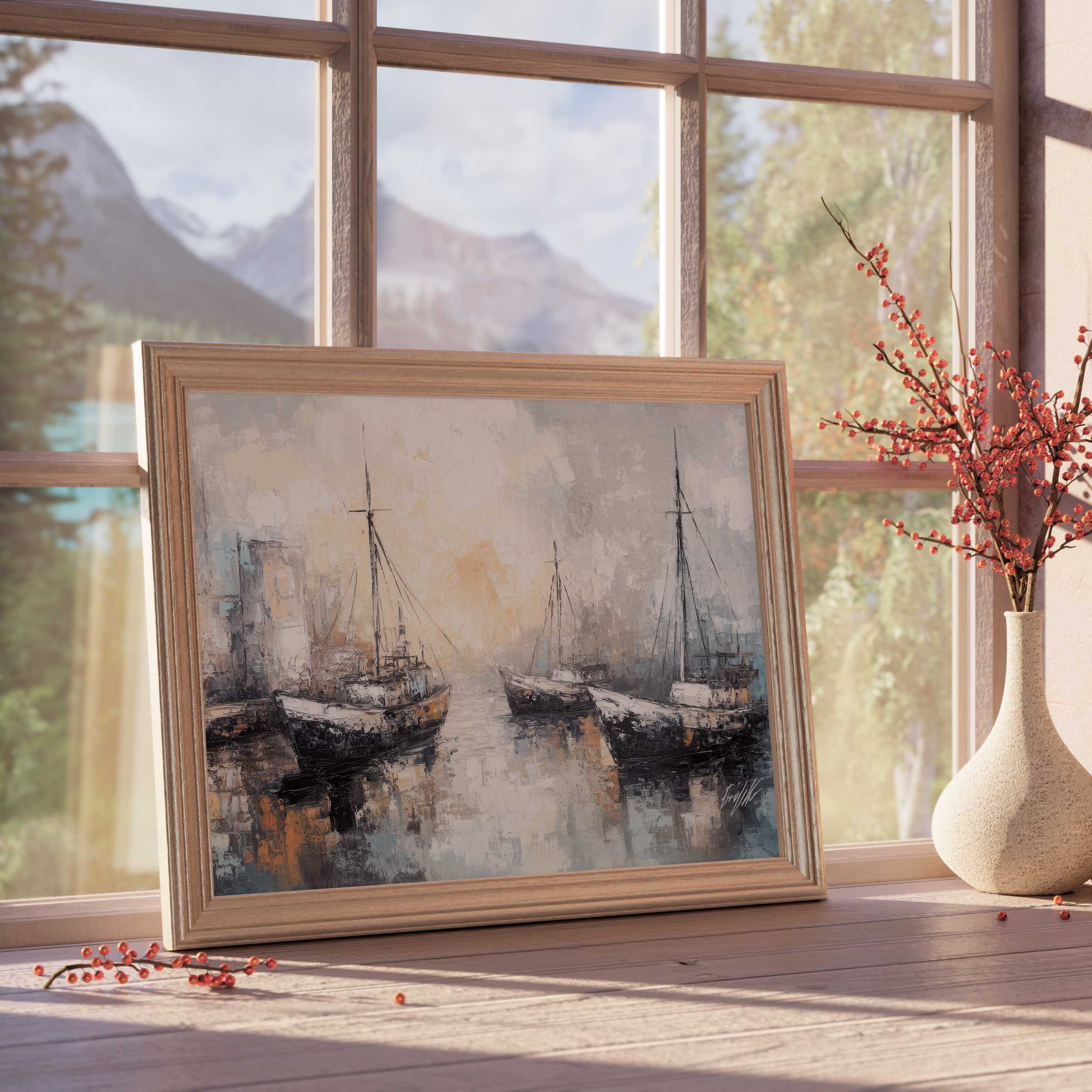 Coastal downloadable art featuring serene sailboats in muted tones, enhancing tranquil, curated beach house interiors