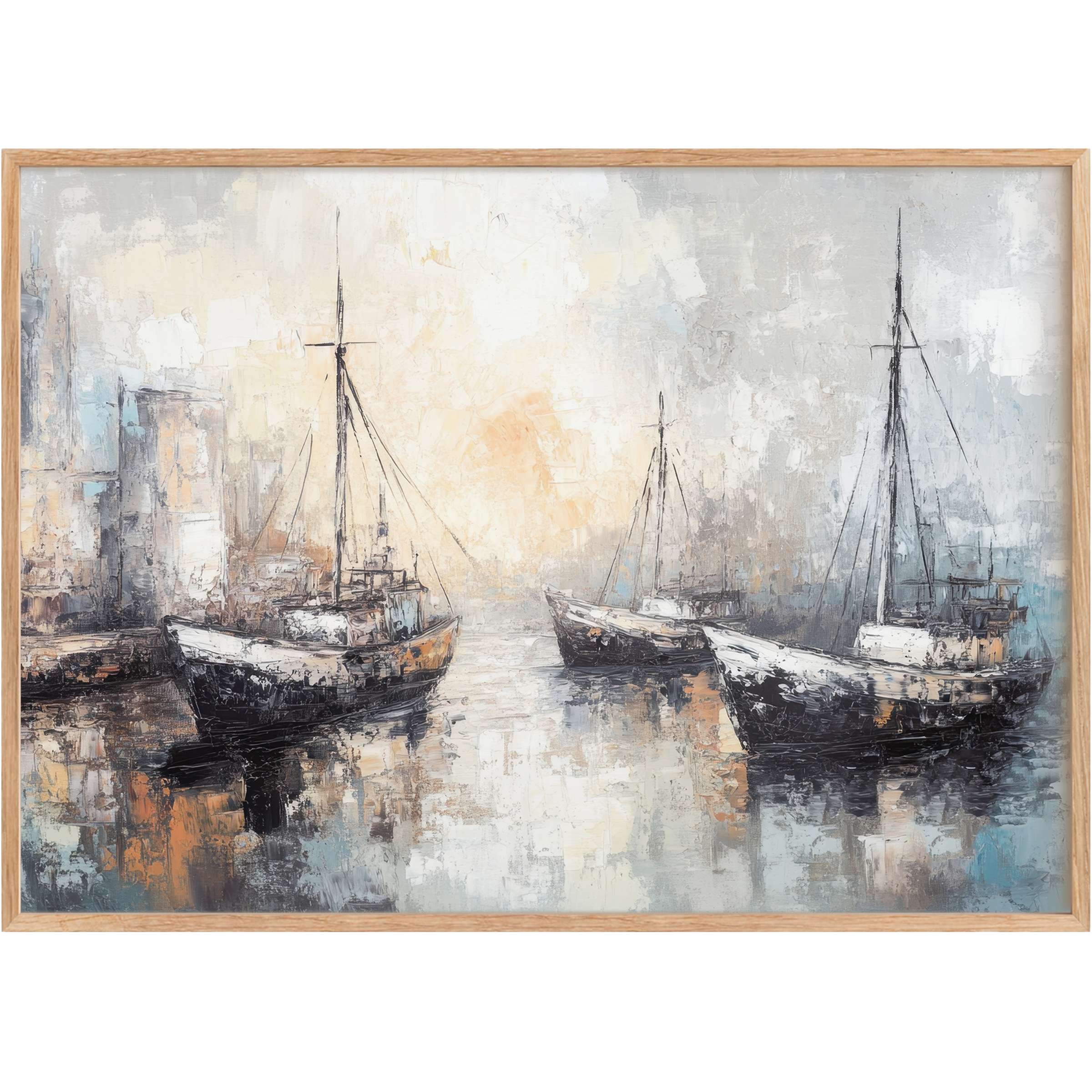 Coastal printable wall art portraying serene harbor boats in muted grays, soft blues, and warm amber, evoking tranquil elegance