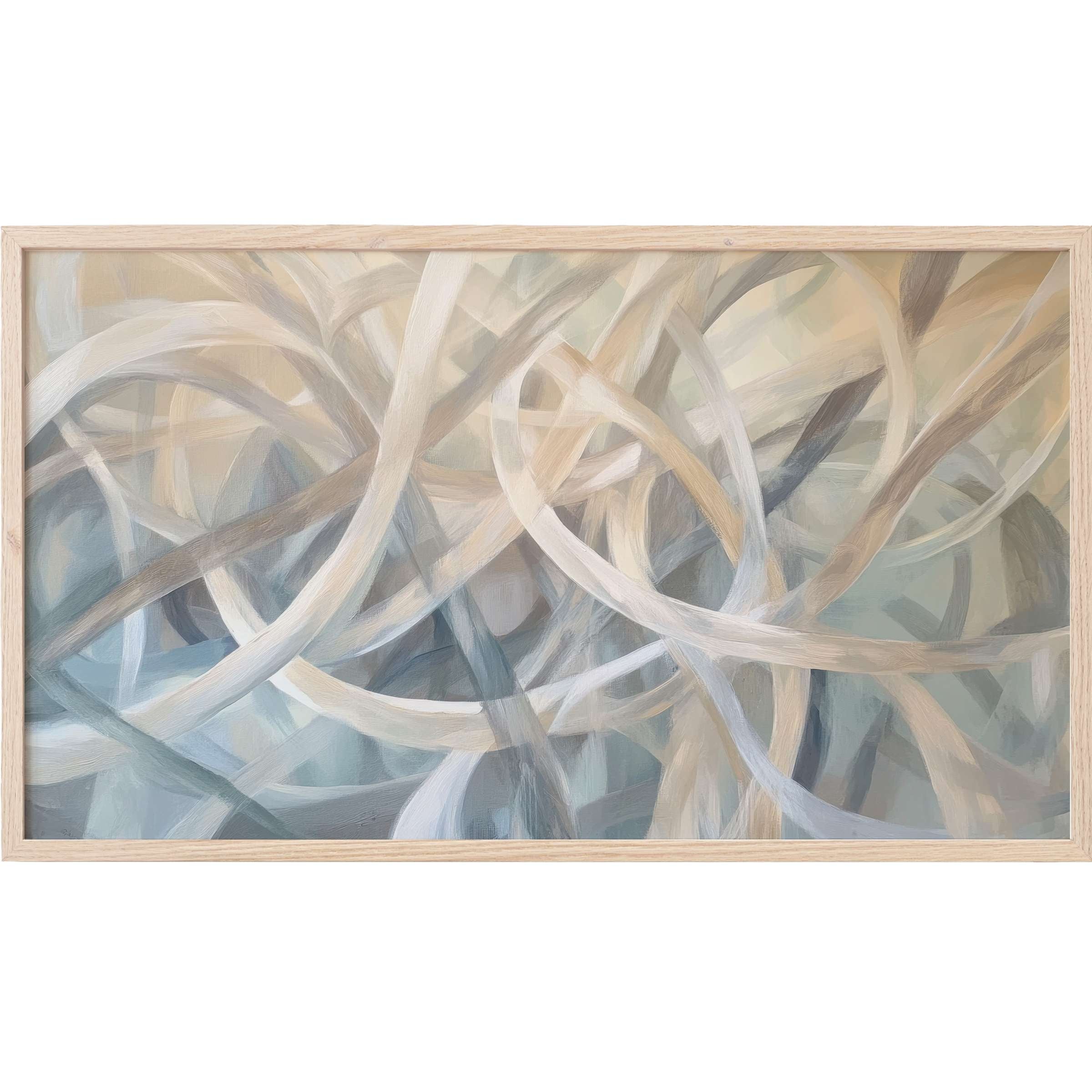 Elegant abstract Frame TV Art in soft blues, grays, and beiges with fluid, intertwined brushstrokes and a modern vibe