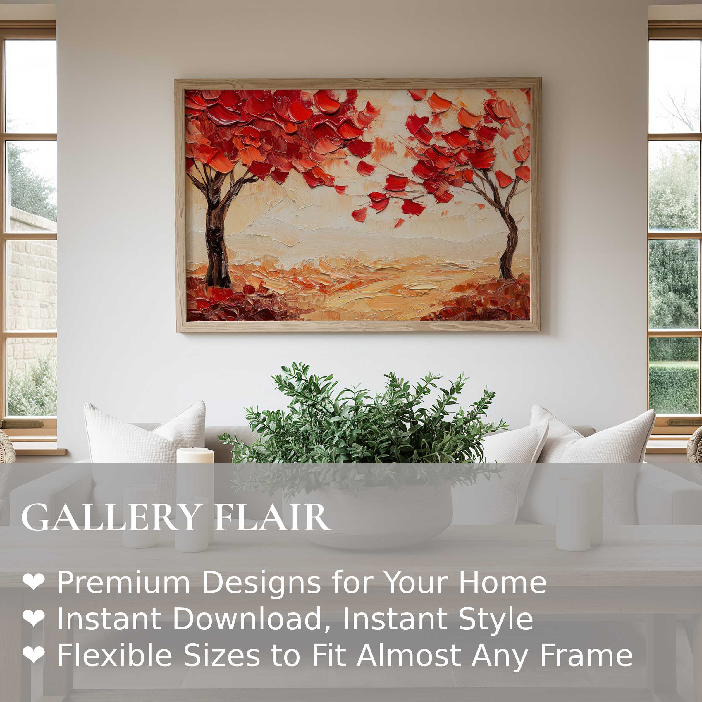 Radiant fall wall art print featuring textured red and orange trees, enriching modern minimalist interiors with warm, inviting autumn charm