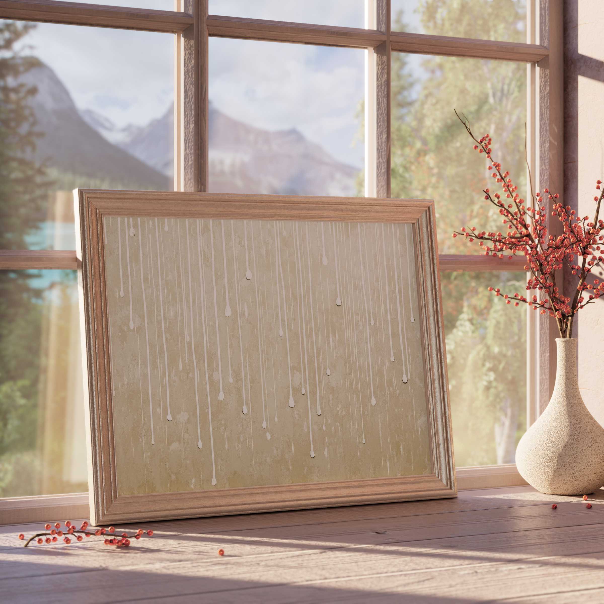 Minimalist downloadable art with elegant dripping lines, enhancing serene, curated interiors with warm natural light and timeless charm