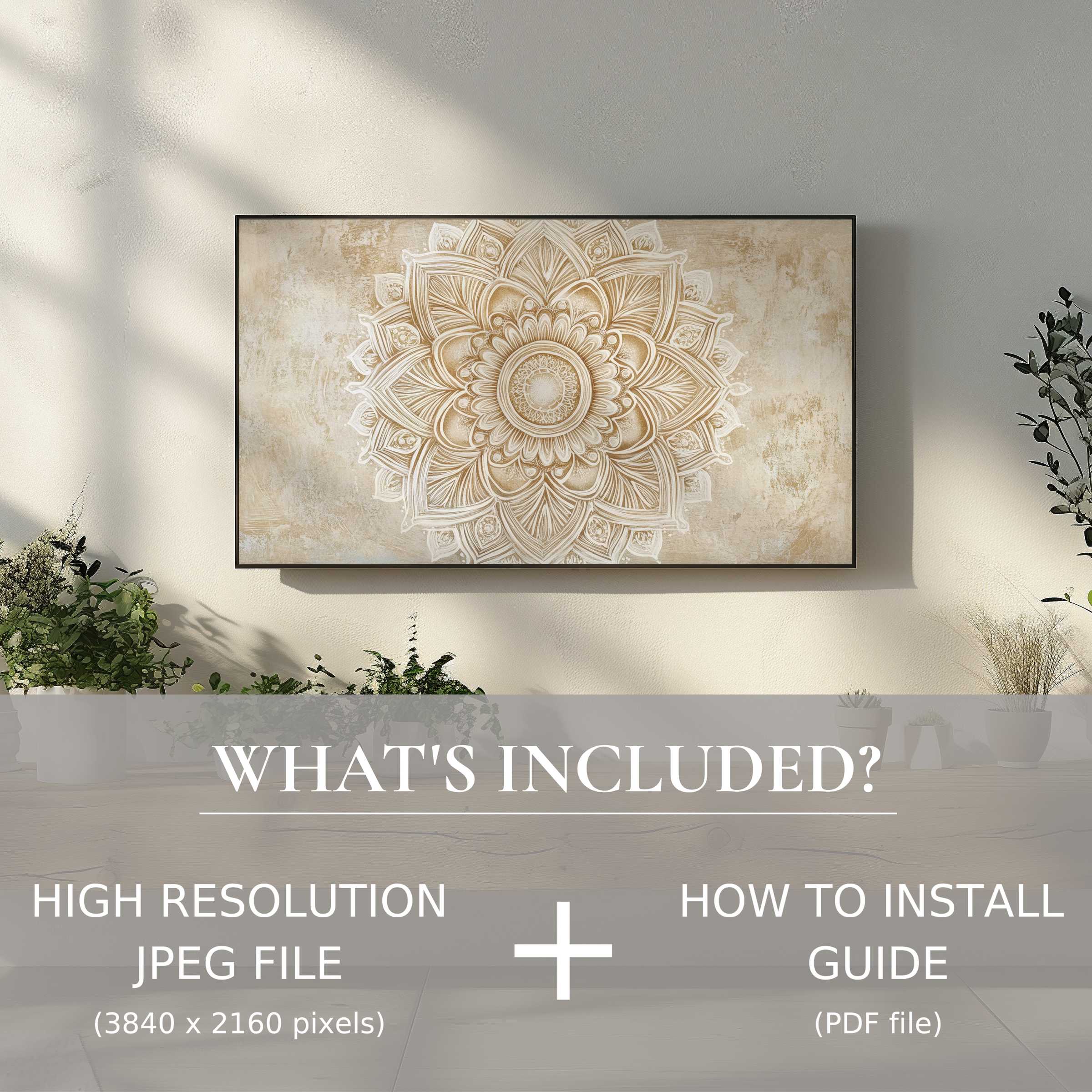 Neutral digital TV art download showcasing elegant mandala, enhancing living space with easy digital installation