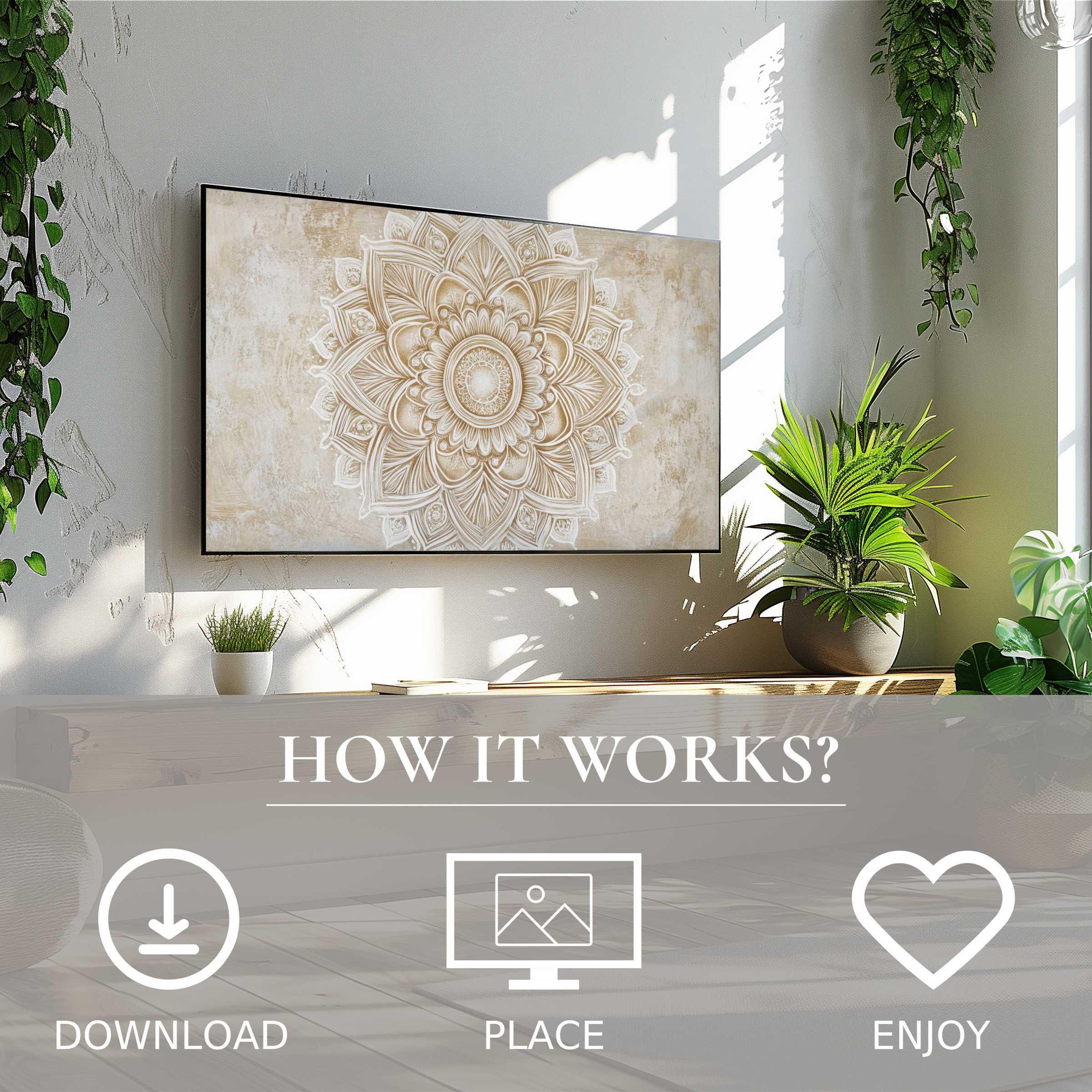 Neutral art for Samsung TV shows a beige mandala motif, easy digital download enriching modern living spaces