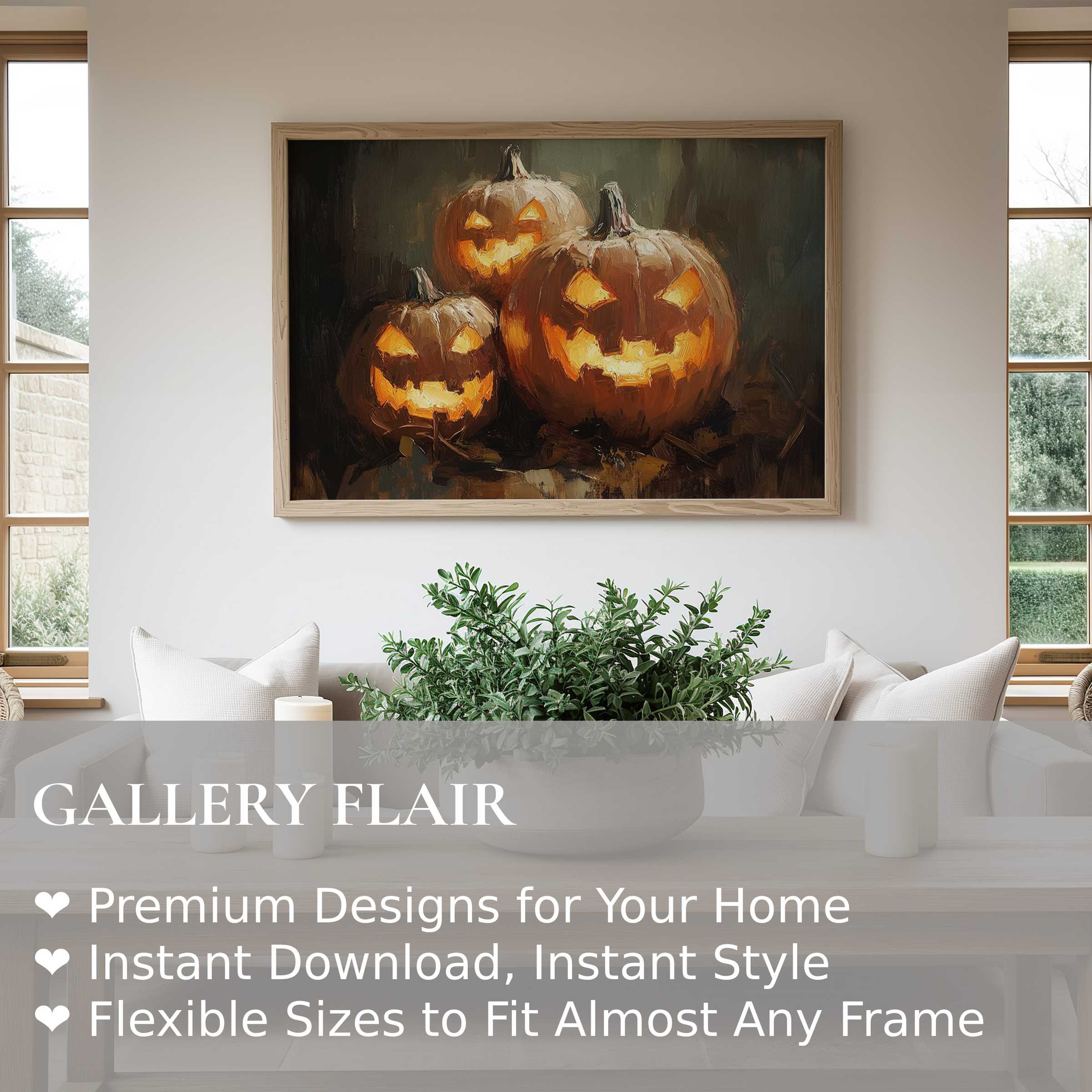 Halloween wall art print featuring radiant, glowing jack-o'-lanterns in a warm, moody palette; perfect for elevating modern, cozy interiors