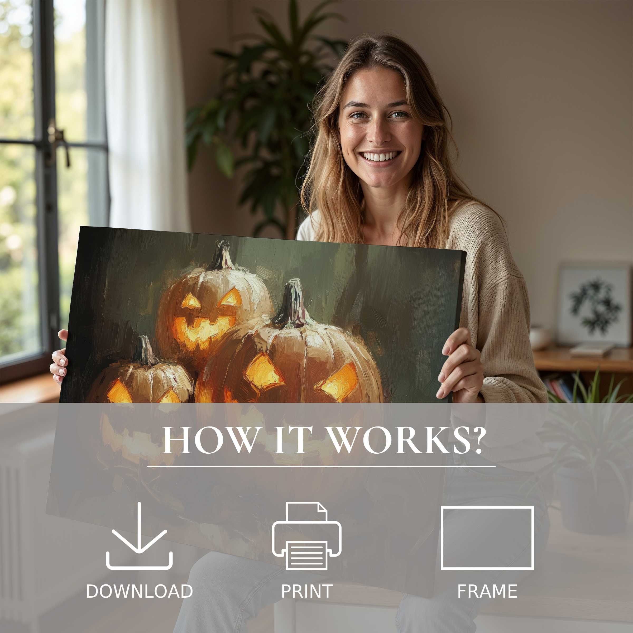 A serene moment of joy capturing a woman’s connection to her stylish Halloween digital art print, illuminating warm autumn hues in a modern home