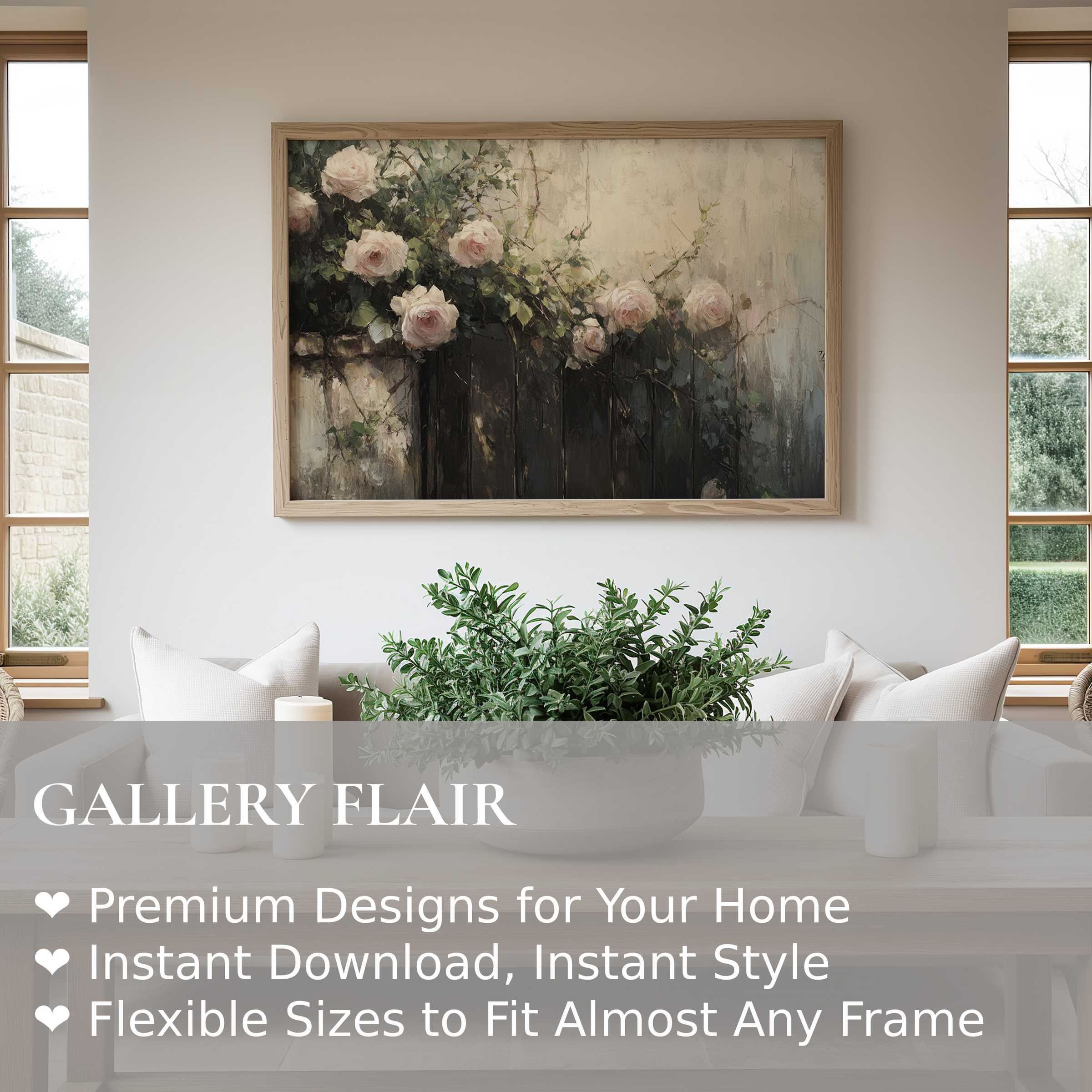 Botanical wall art print featuring soft pink roses and lush greenery, evoking a calming, elegant ambiance in a modern minimalist living room