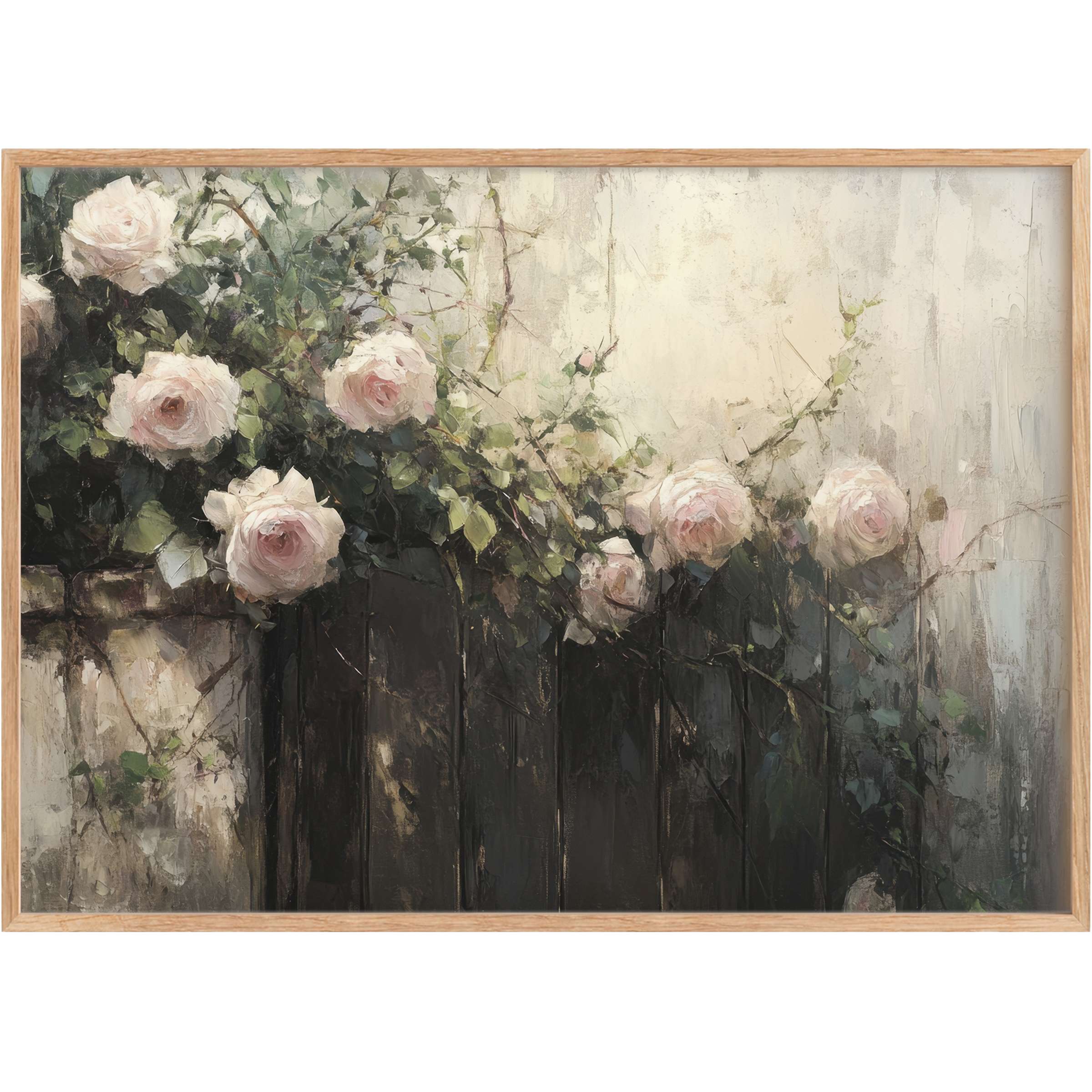 Botanical printable wall art featuring soft blush roses and muted greens over a dark, weathered fence, evoking serene elegance and timeless charm