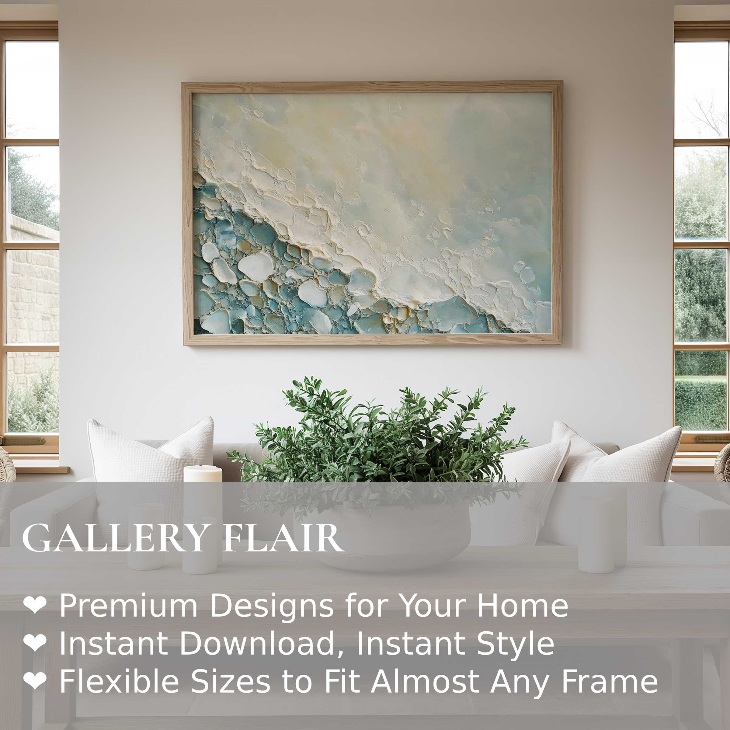 Calming beach wall art print with textured coastal waves in soft blues and creams, enhancing serene modern living spaces