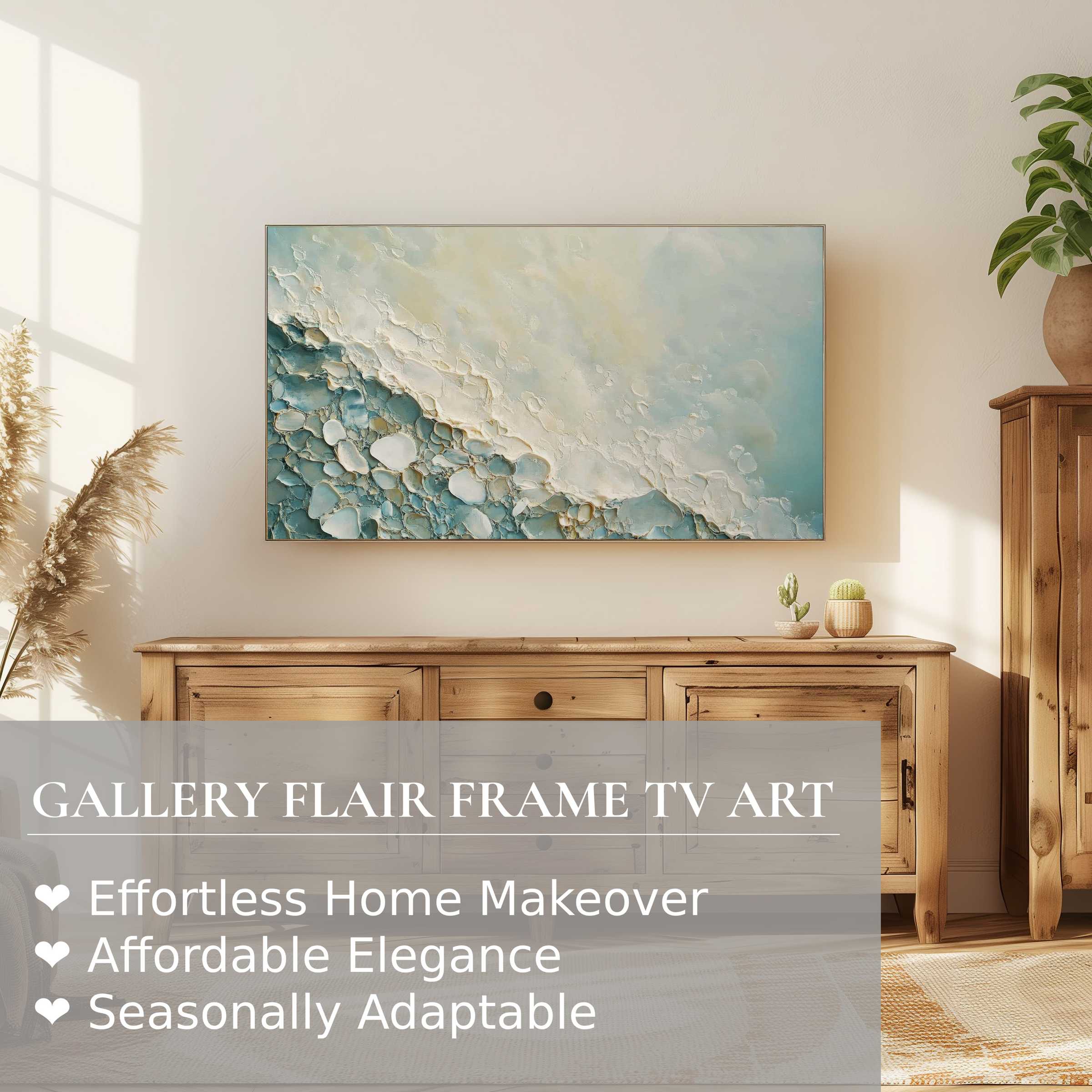 Modern Samsung Frame TV displays serene beach digital artwork, elevating warm, natural wood interiors with coastal elegance