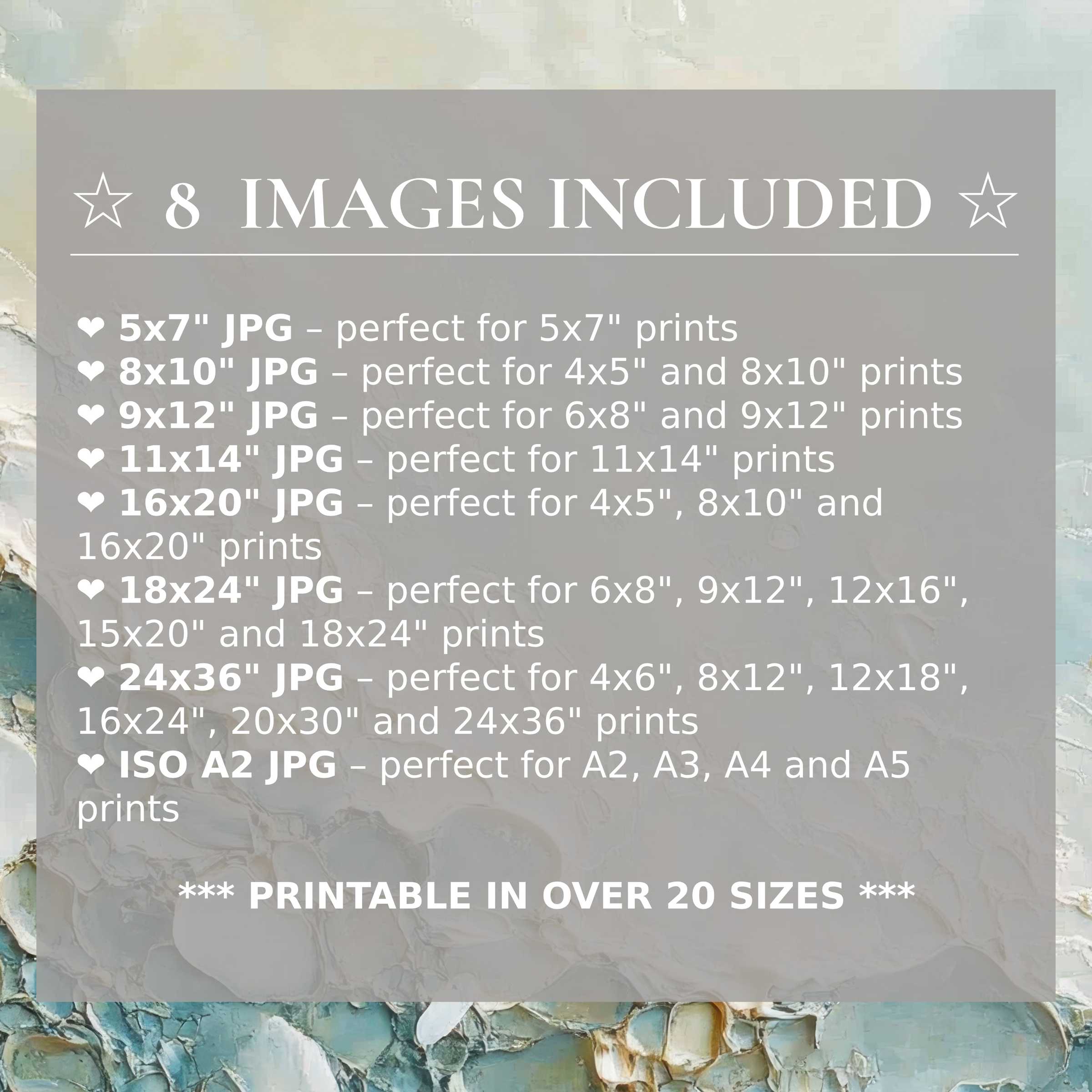 Radiant beach digital print in serene blues and sandy neutrals, elevating modern interiors with 8 high-res sizes included