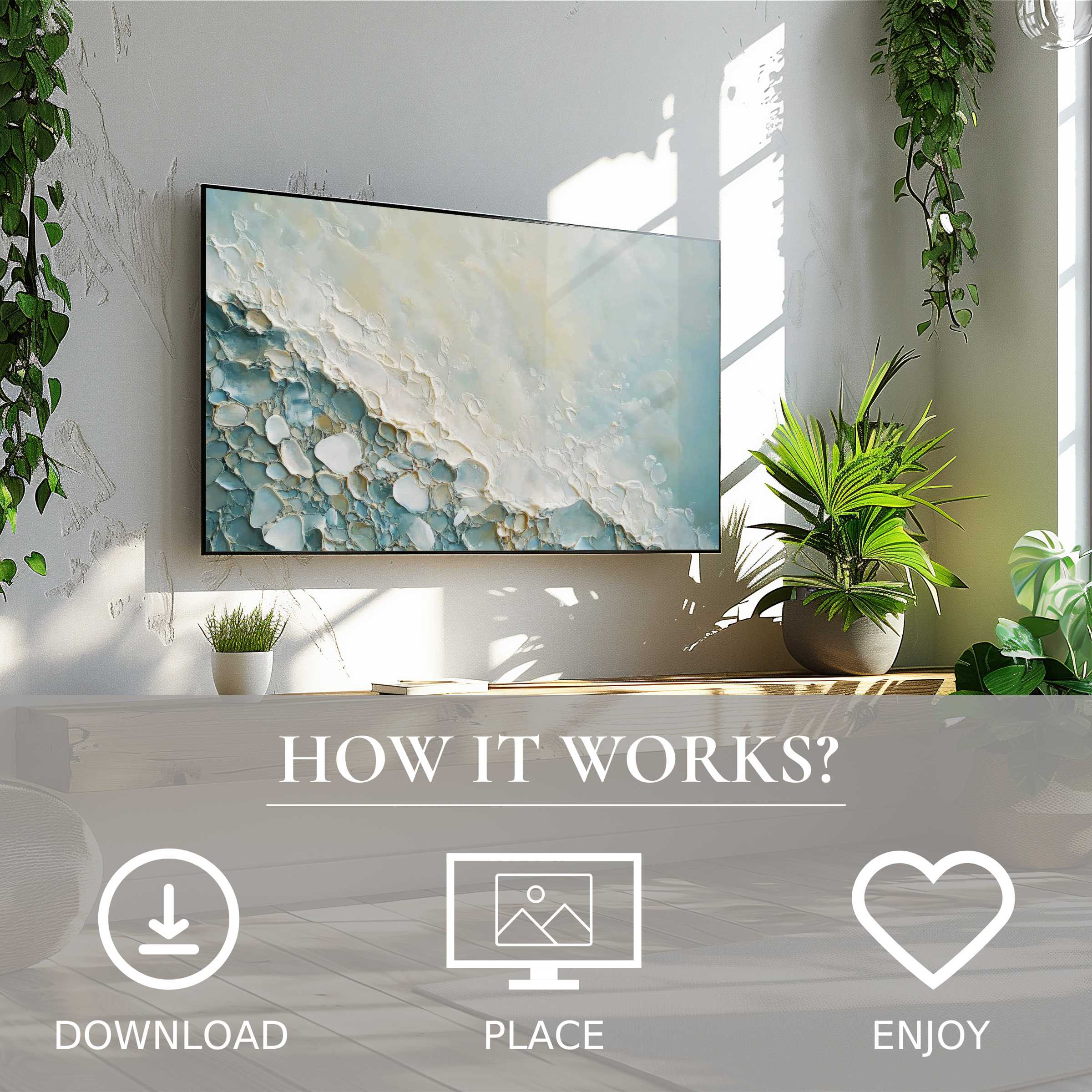 Modern living room with green plants and beach art for Samsung TV in soft blue and beige tones, easy digital download