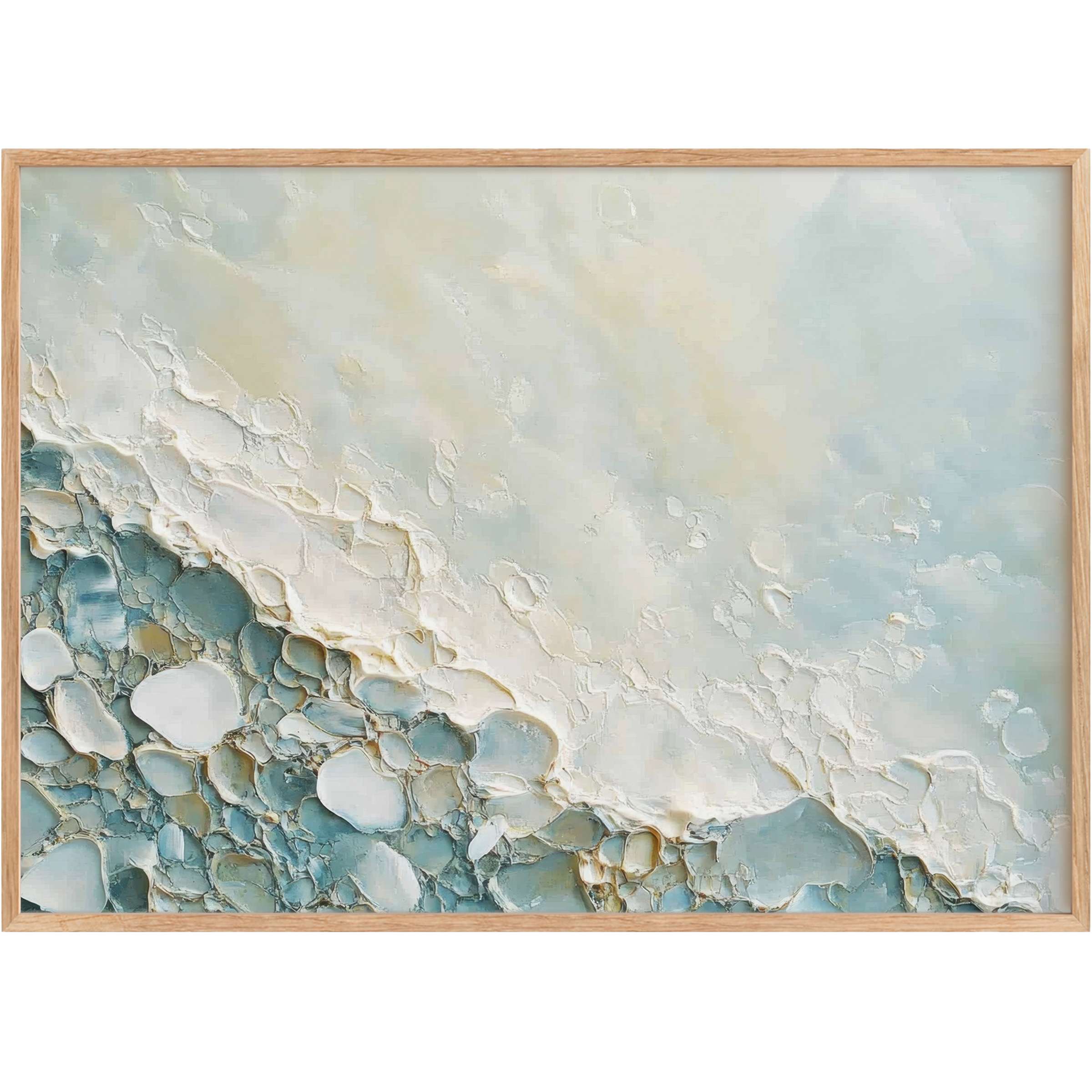 Serene beach printable wall art with textured blues and creams, evoking a calming coastal breeze and sophisticated tranquility