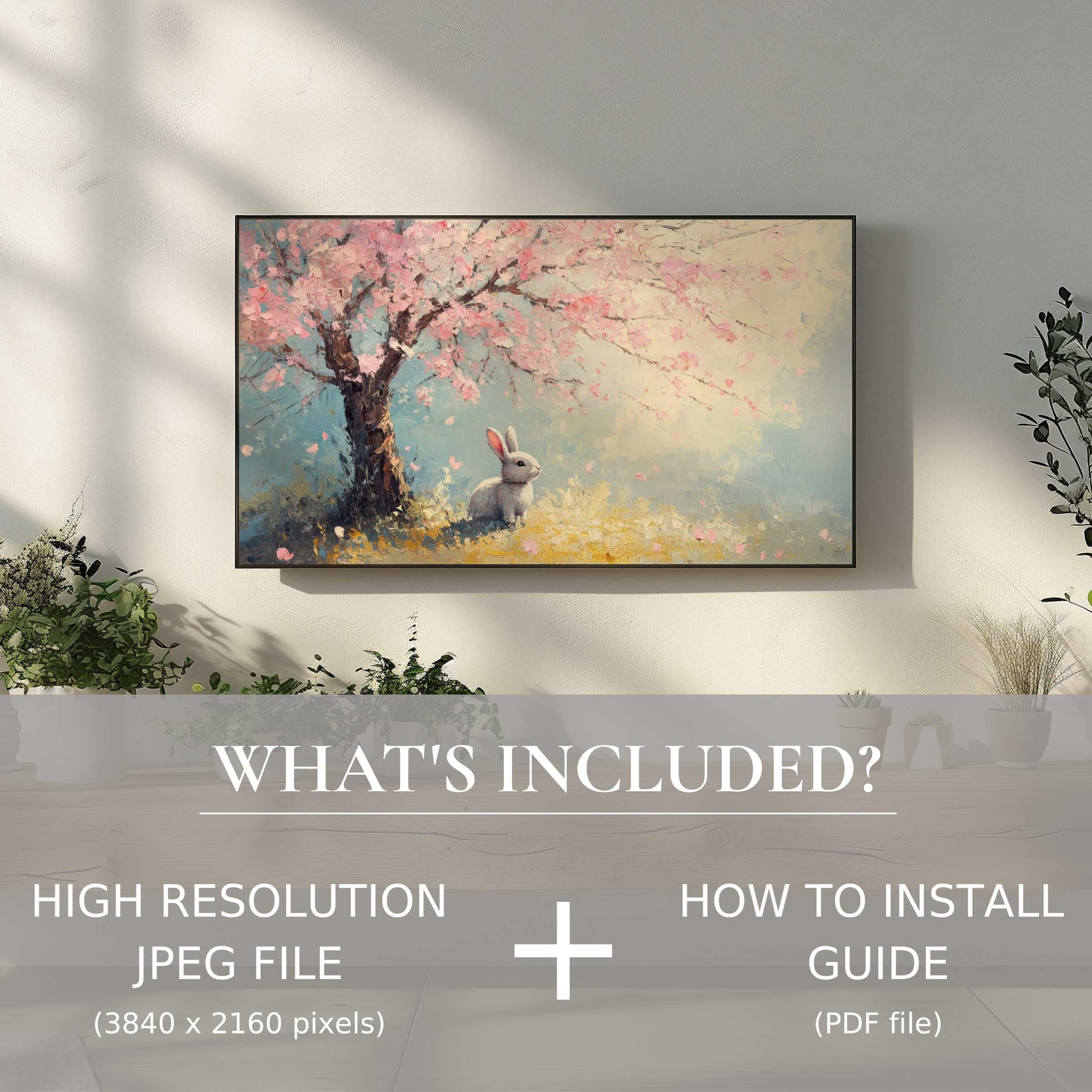Elegant living room with easter digital TV art download, easy to use, enhancing ambiance with serene bunny and blossom scene