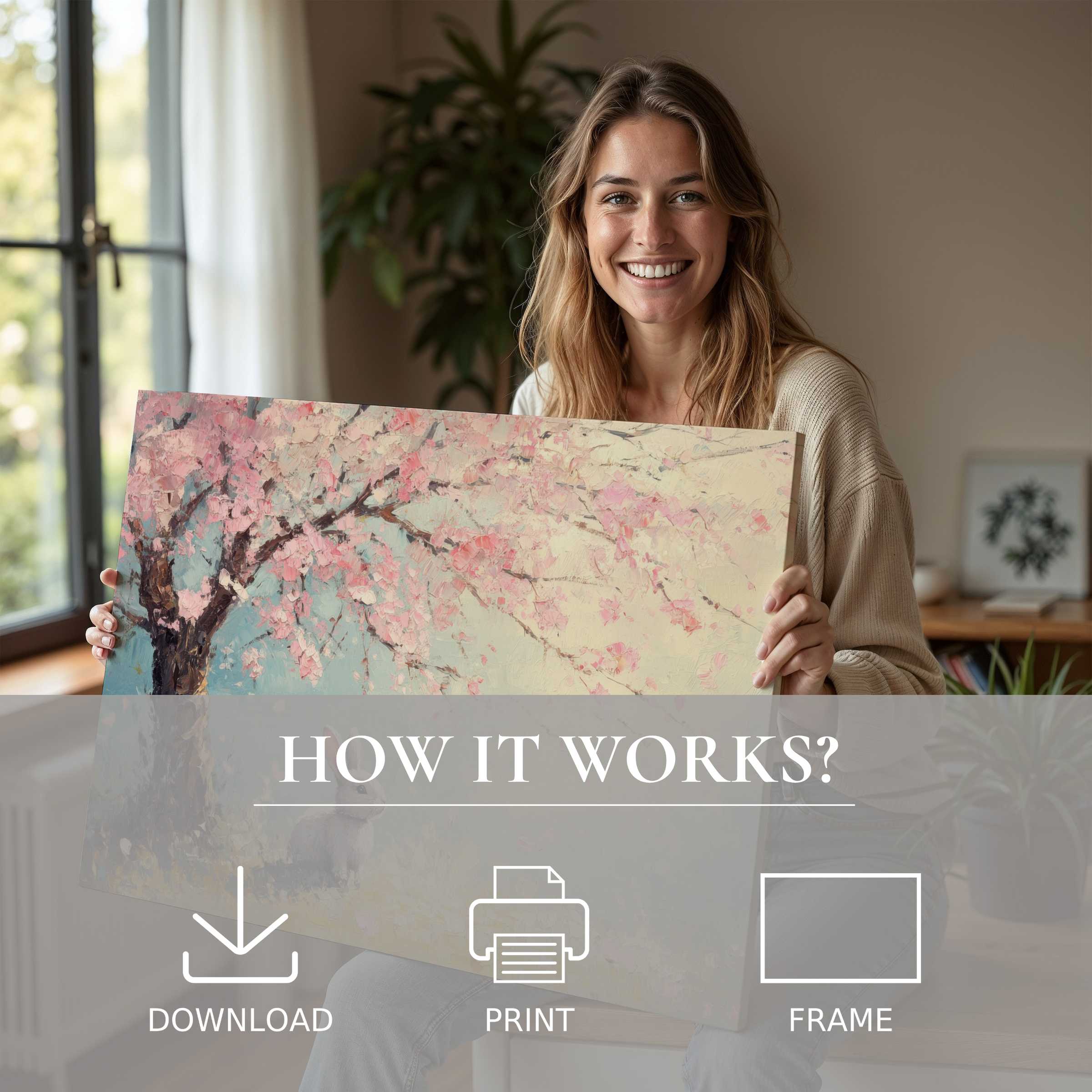 A joyful moment in a stylish home, embracing the serene beauty of an easter digital art print in soft pastel tones