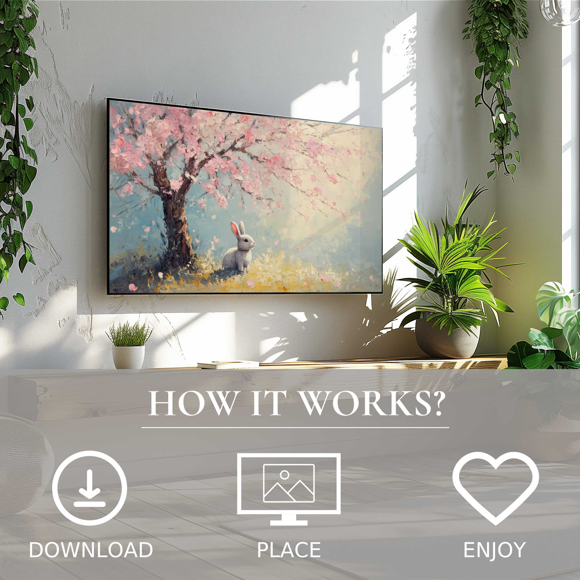 Easter art for Samsung TV showing soft pastel blossoms and bunny, easy digital download enriches bright modern living space