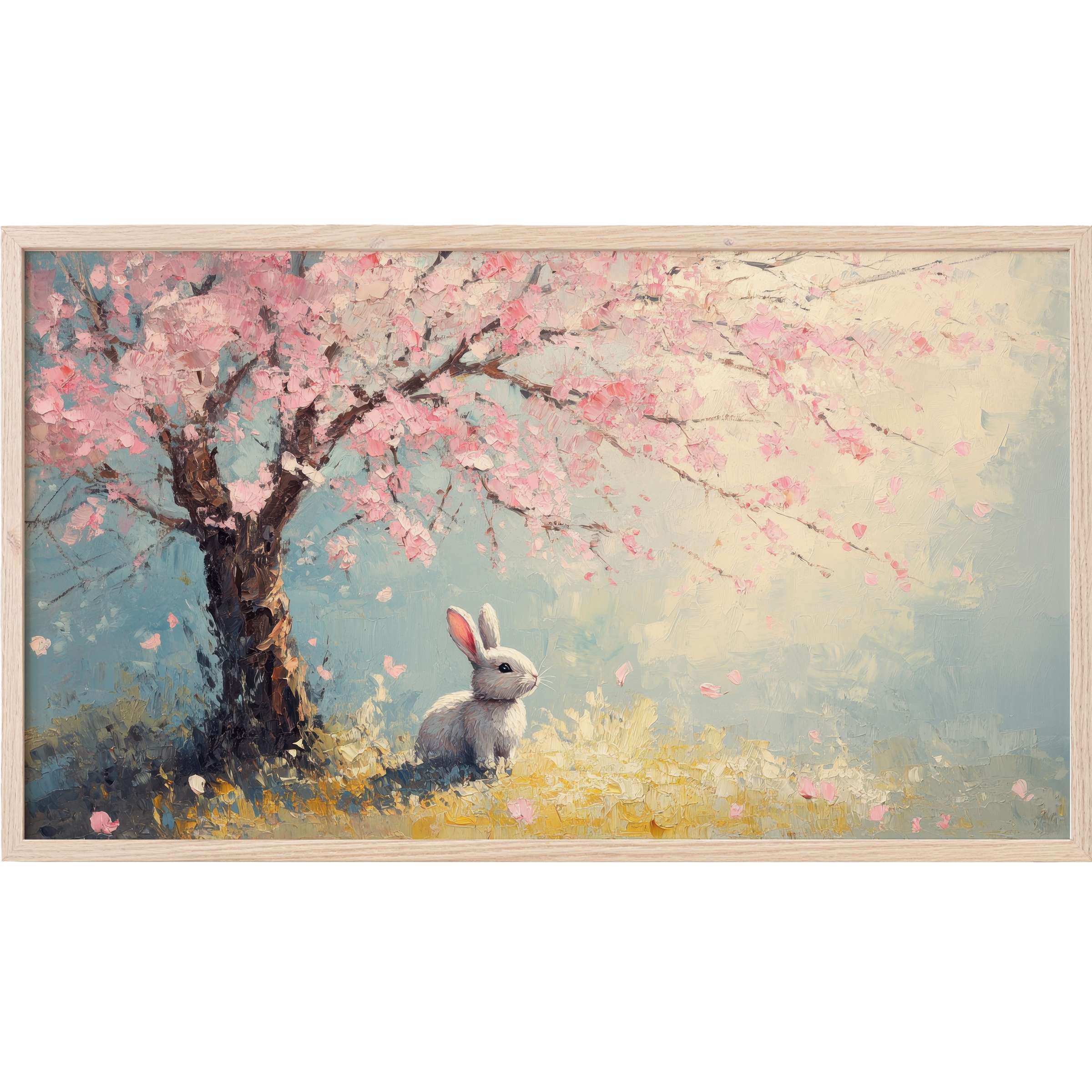 Serene easter Frame TV Art with a soft pastel palette, featuring a delicate bunny beneath blooming cherry blossoms