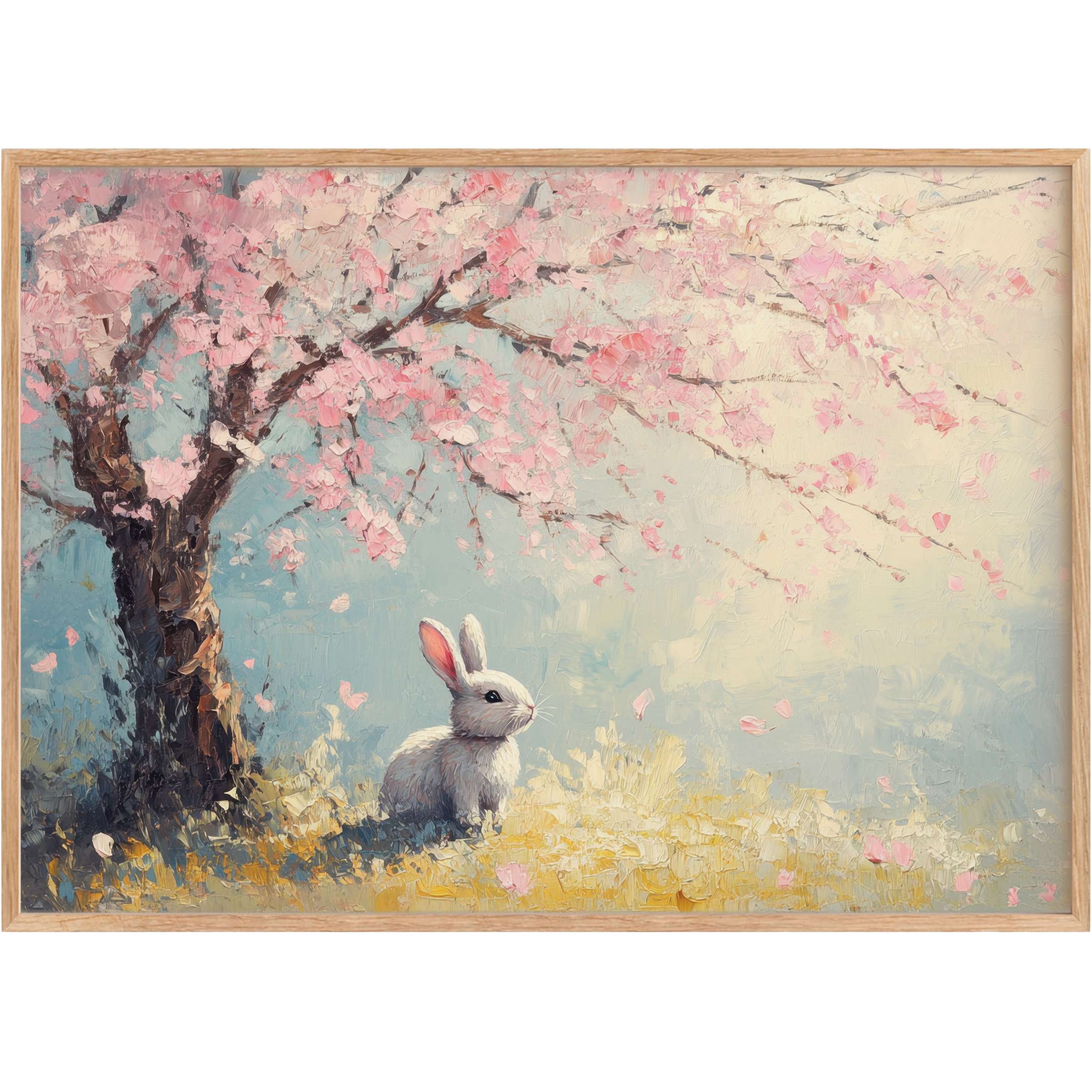 Soft pastel hues and delicate pink blossoms create a radiant, serene scene with a gentle bunny-perfect easter printable wall art for elegant interiors